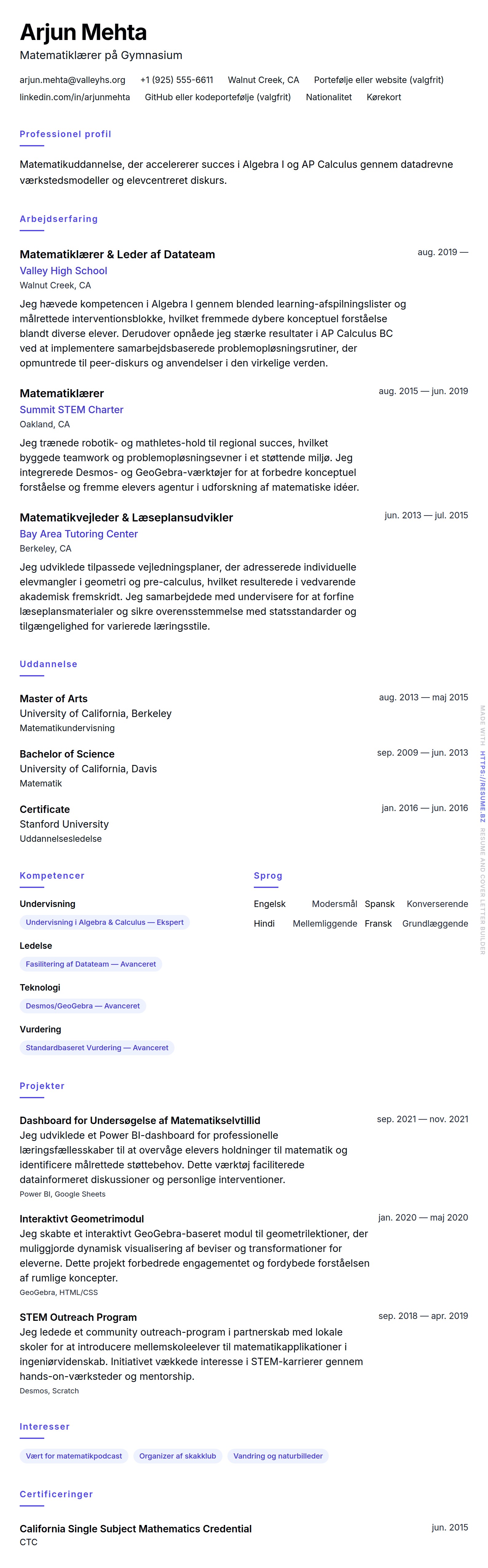 CV-forhåndsvisning for Eksempel på CV for Matematiklærer