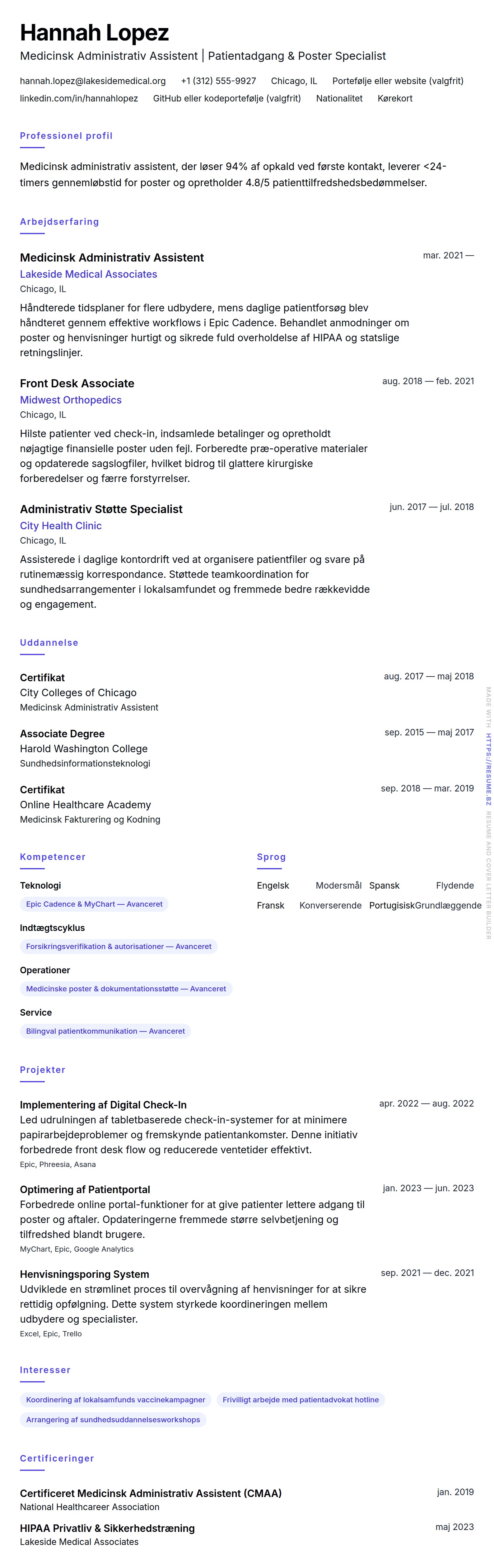 CV-forhåndsvisning for Medicinsk Administrativ Assistent CV Eksempel
