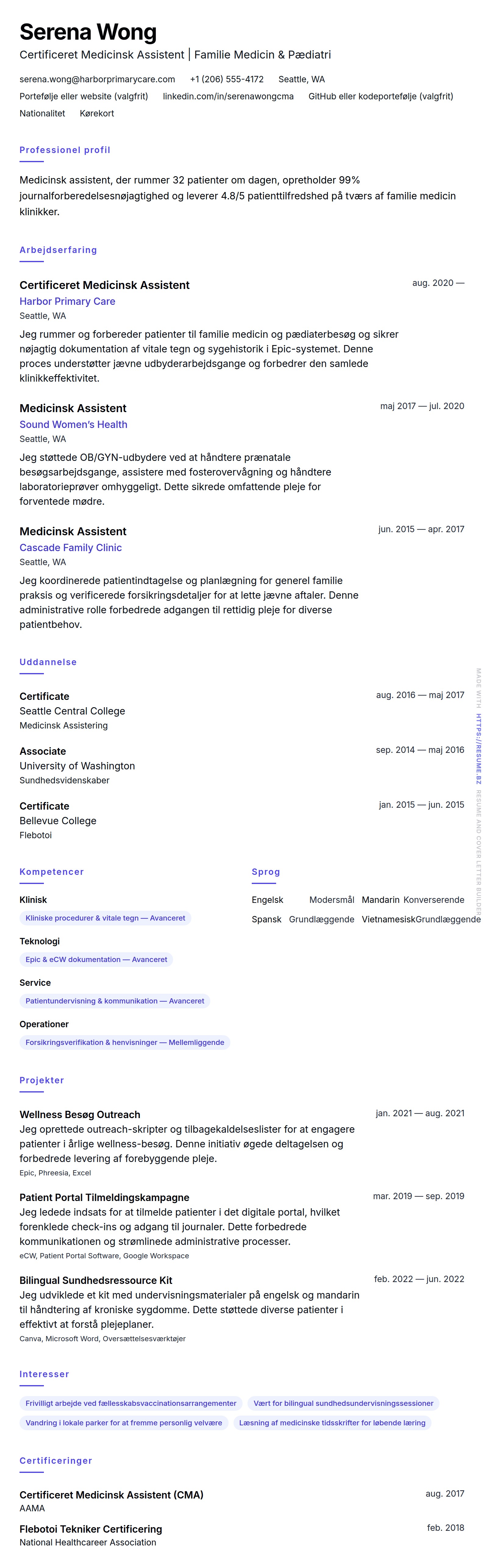 CV-forhåndsvisning for Medicinsk Assistent CV Eksempel