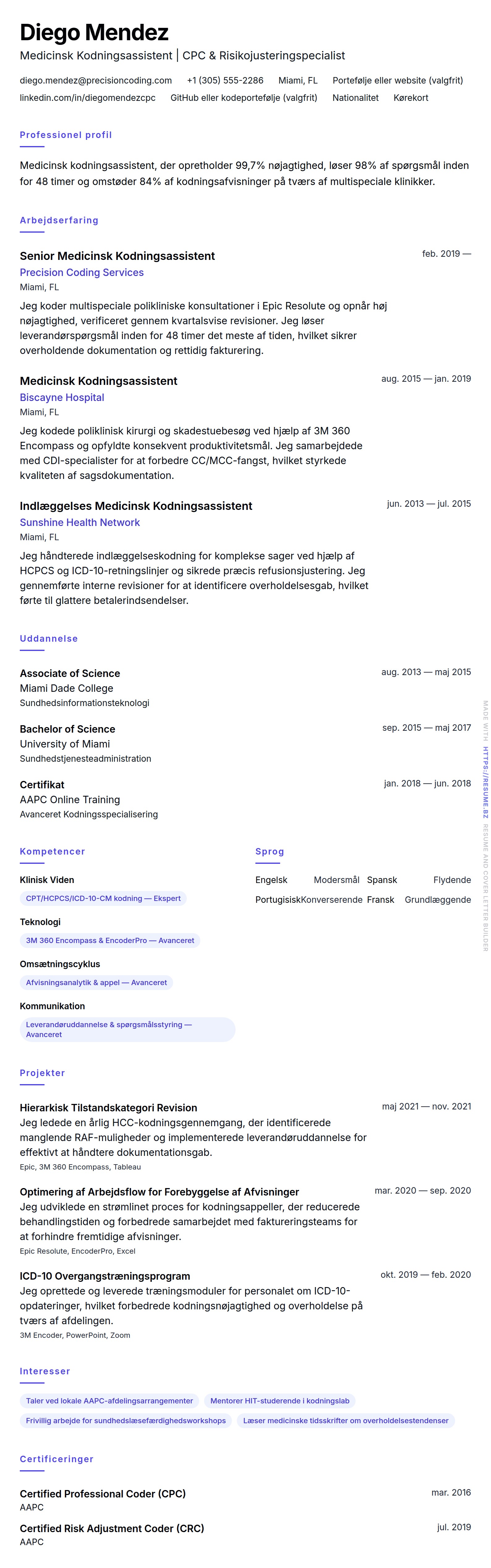 CV-forhåndsvisning for Medicinsk Kodningsassistent CV Eksempel