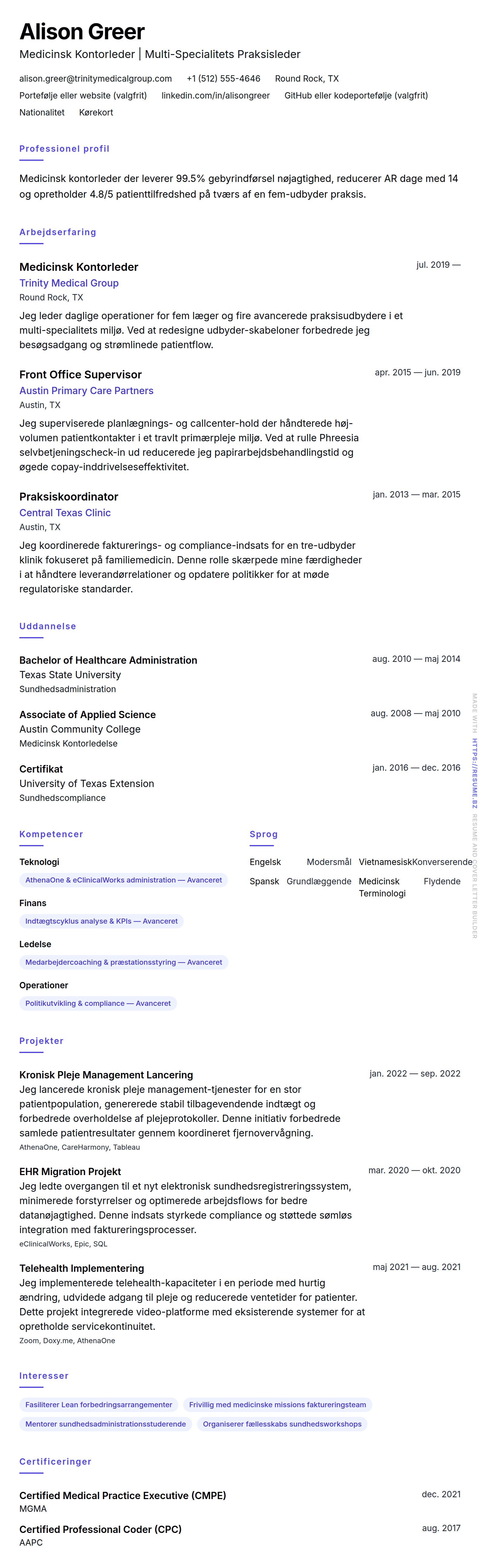 Medicinsk Kontorleder CV Eksempel