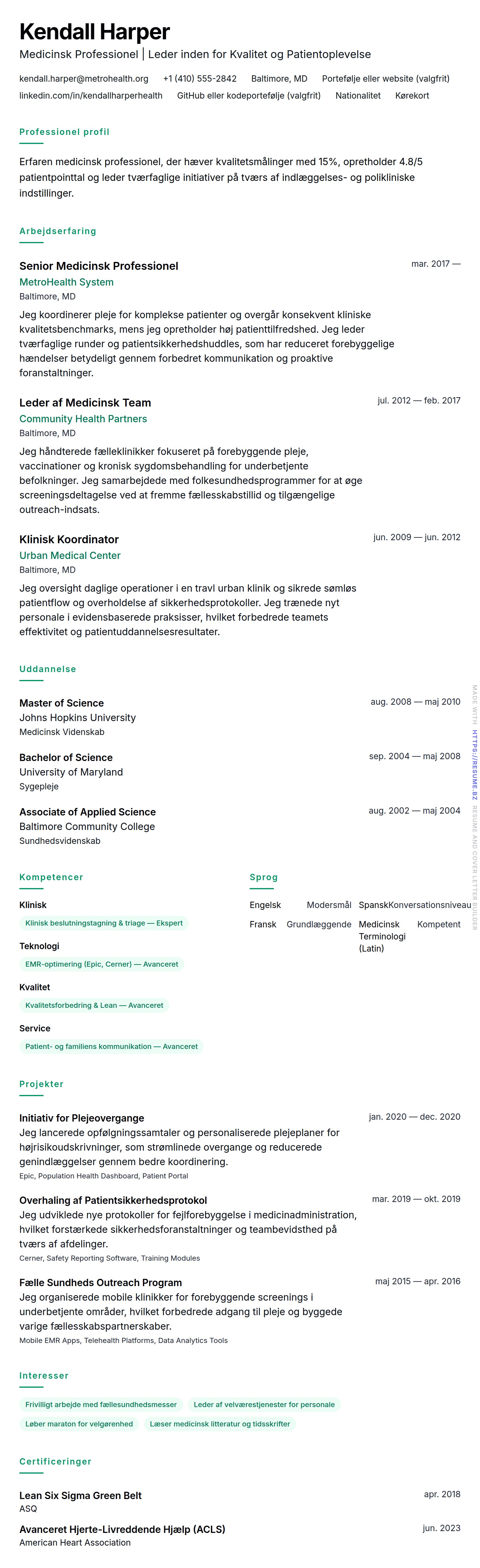 CV-forhåndsvisning for Eksempel på CV for Medicinsk Professionel