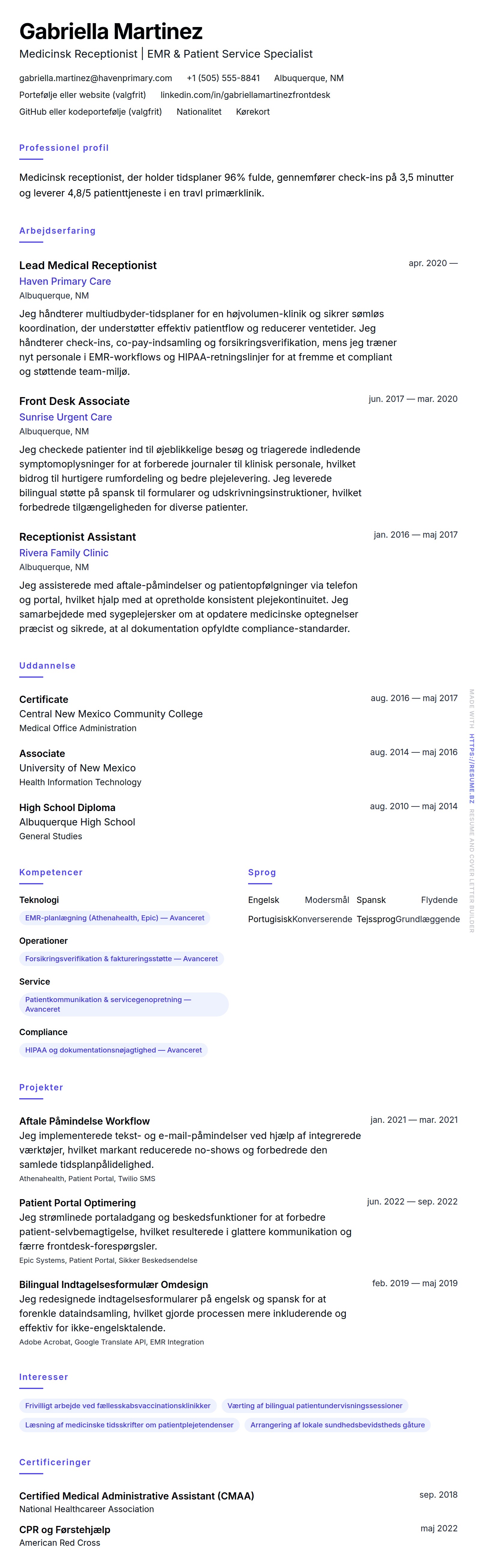 CV-forhåndsvisning for Medicinsk Receptionist CV Eksempel