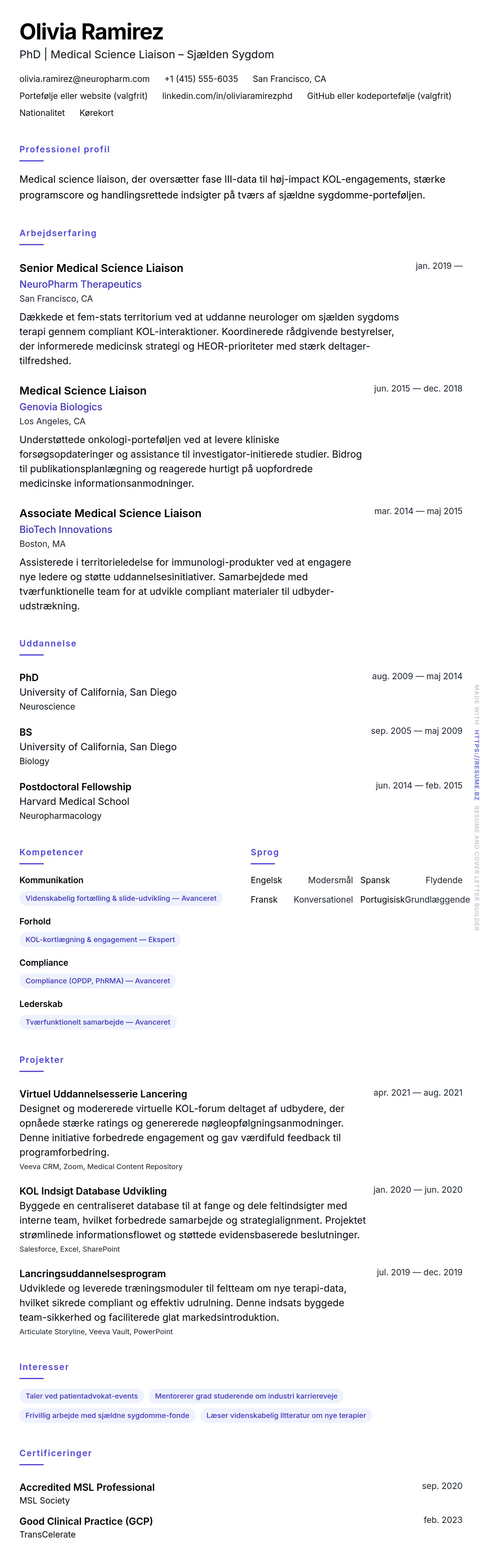 CV-forhåndsvisning for Medical Science Liaison CV Eksempel