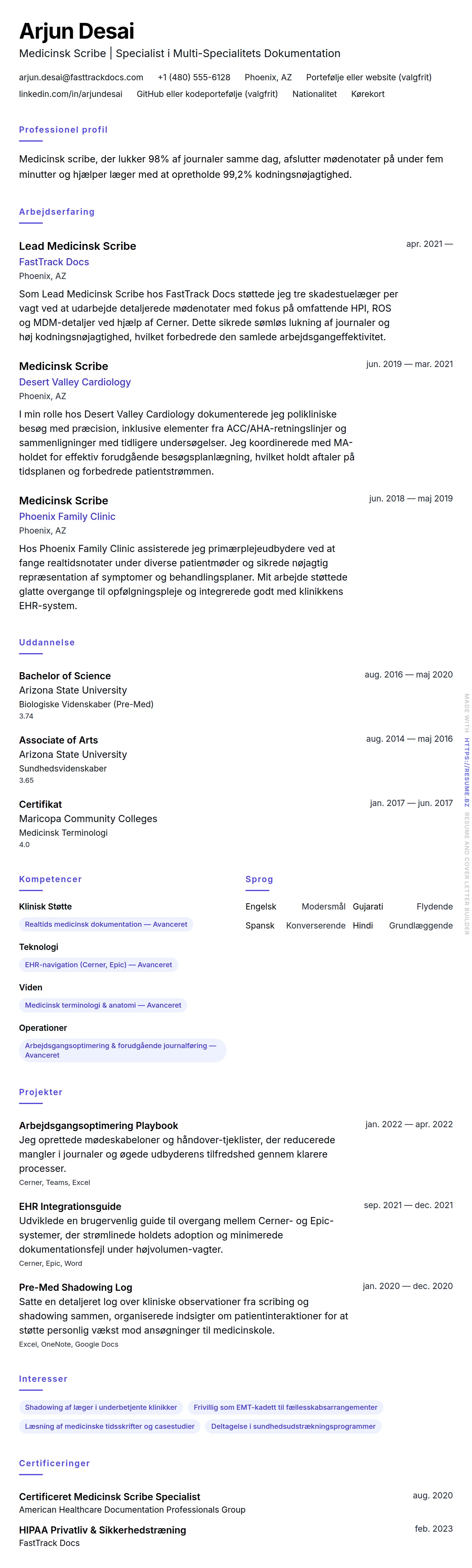 CV-forhåndsvisning for Medicinsk Scribe CV Eksempel