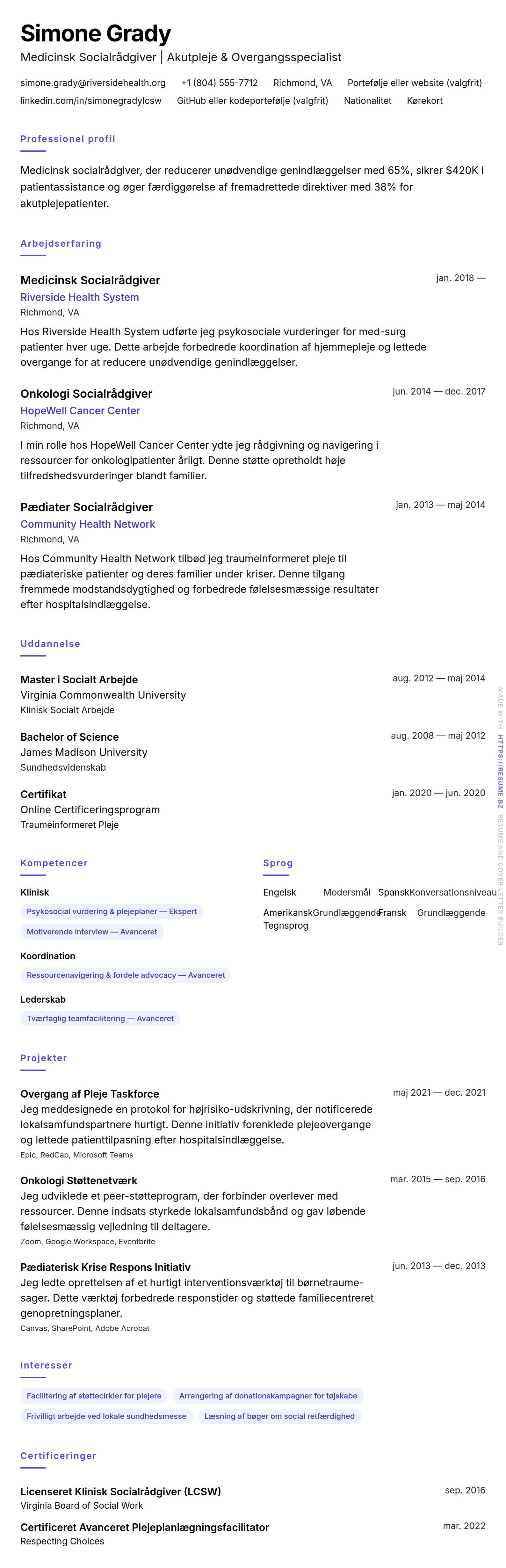 CV-forhåndsvisning for Medicinsk Socialrådgiver CV Eksempel