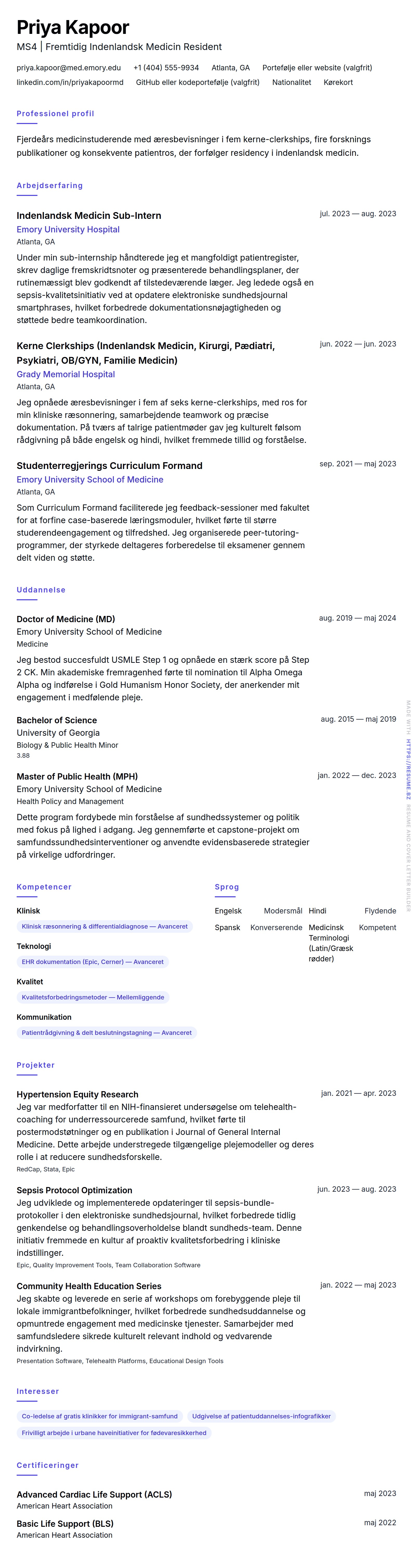 CV-forhåndsvisning for Medicinstuderende CV Eksempel