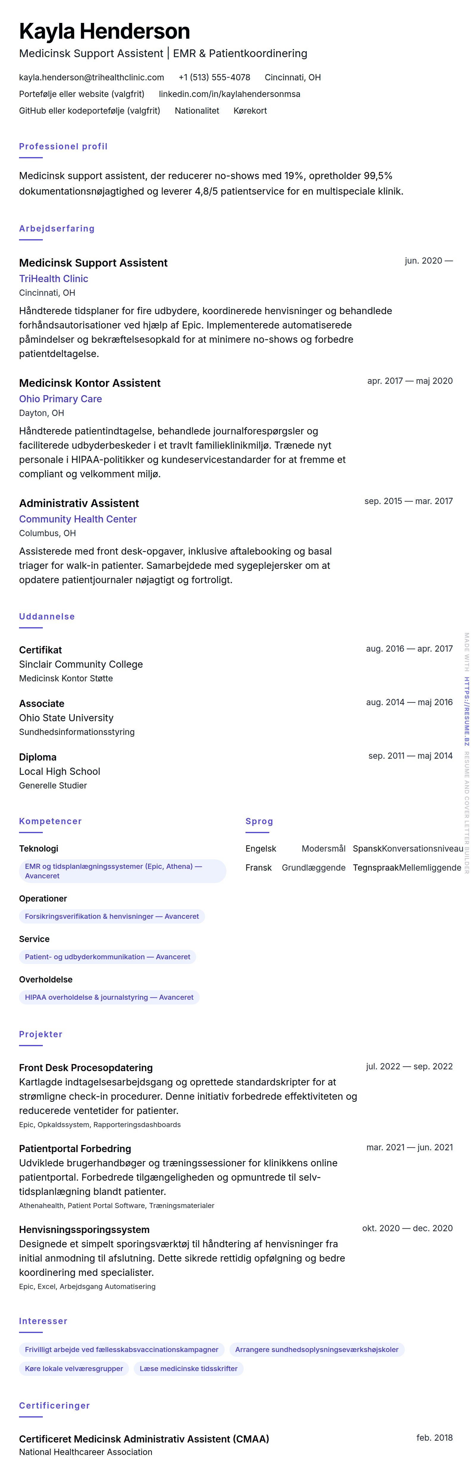 CV-forhåndsvisning for Medicinsk Support Assistent CV Eksempel