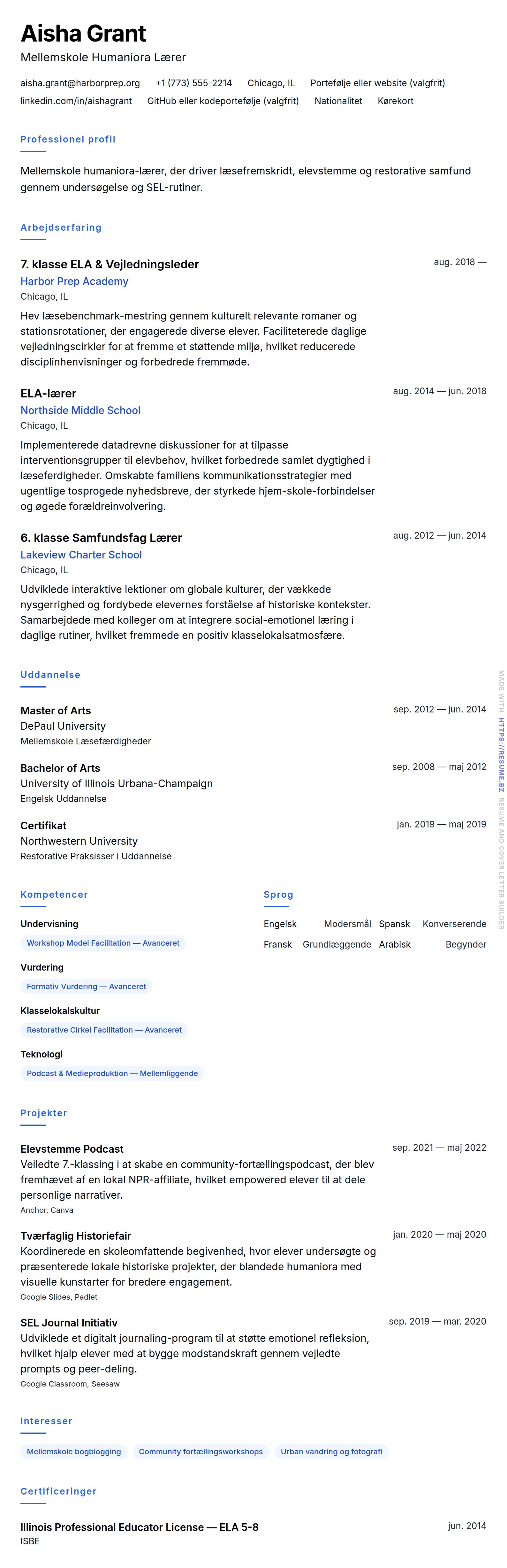 Mellemskolelærer CV-eksempel