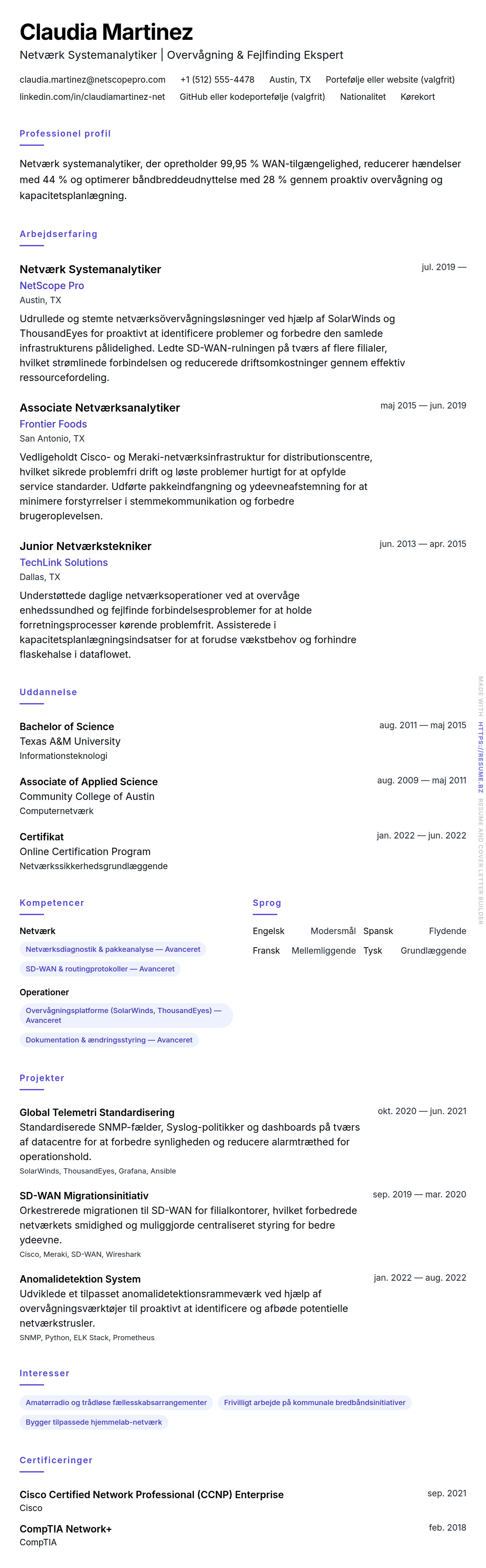 CV-forhåndsvisning for Netværk Systemanalytiker CV Eksempel