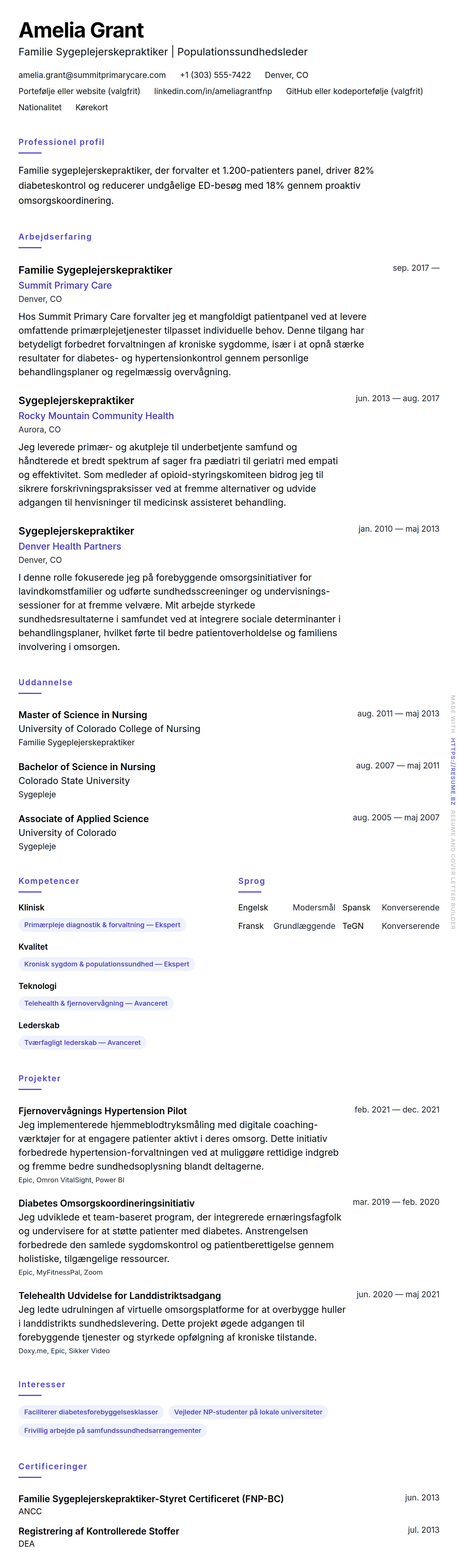 CV-forhåndsvisning for Sygeplejerskepraktiker CV Eksempel