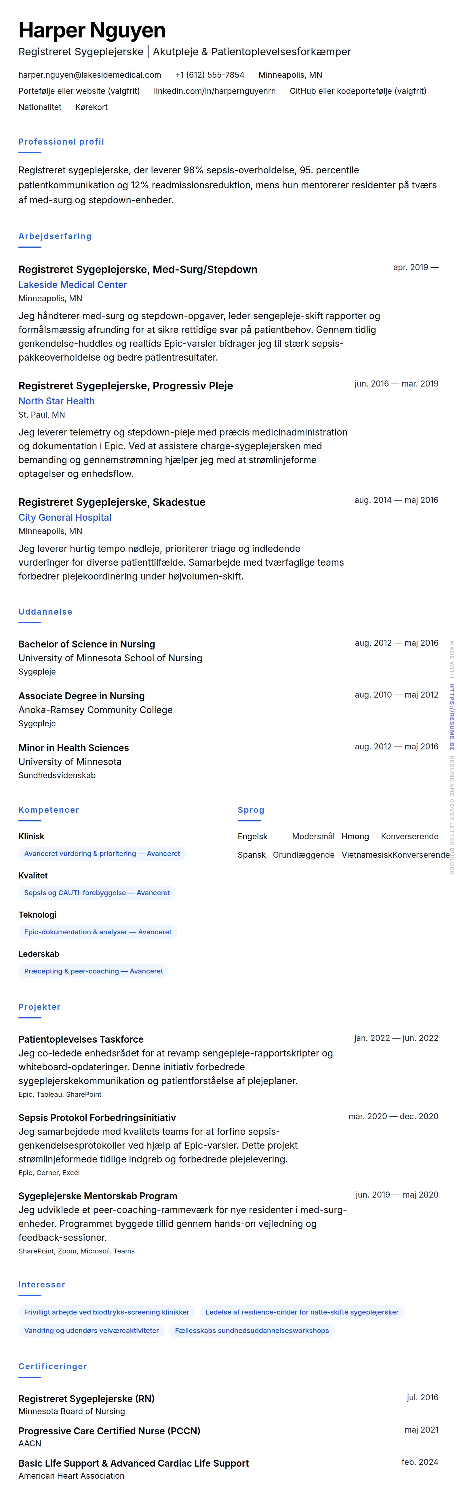 CV-forhåndsvisning for Sygeplejerske CV-eksempel