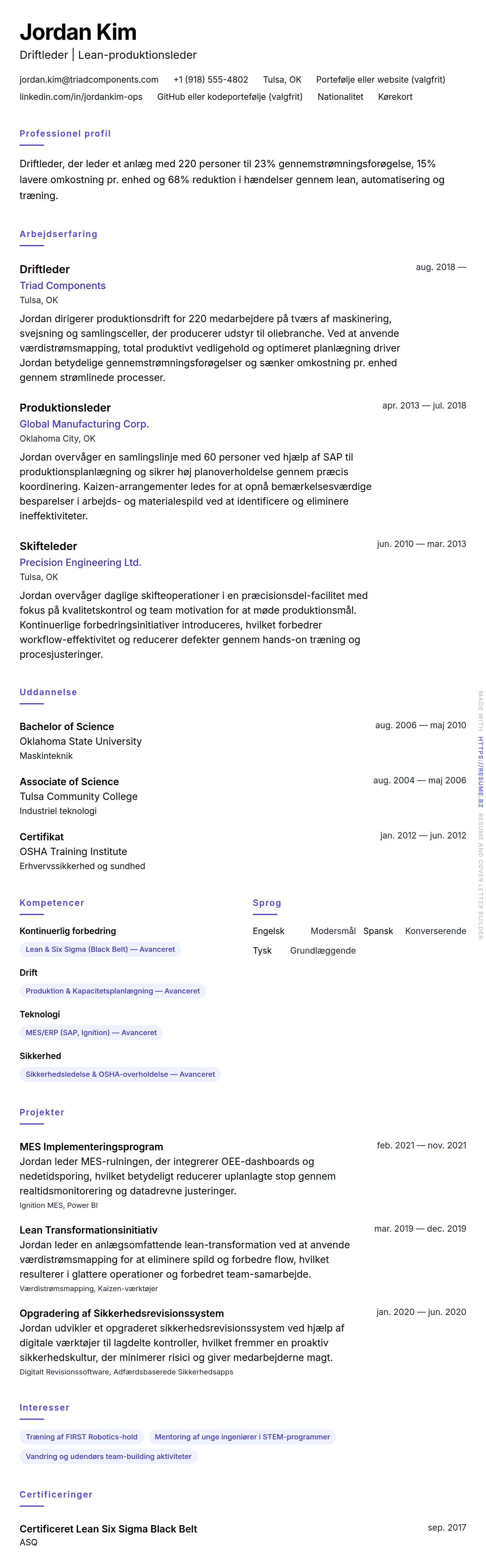 CV-forhåndsvisning for Eksempel på CV for Driftleder