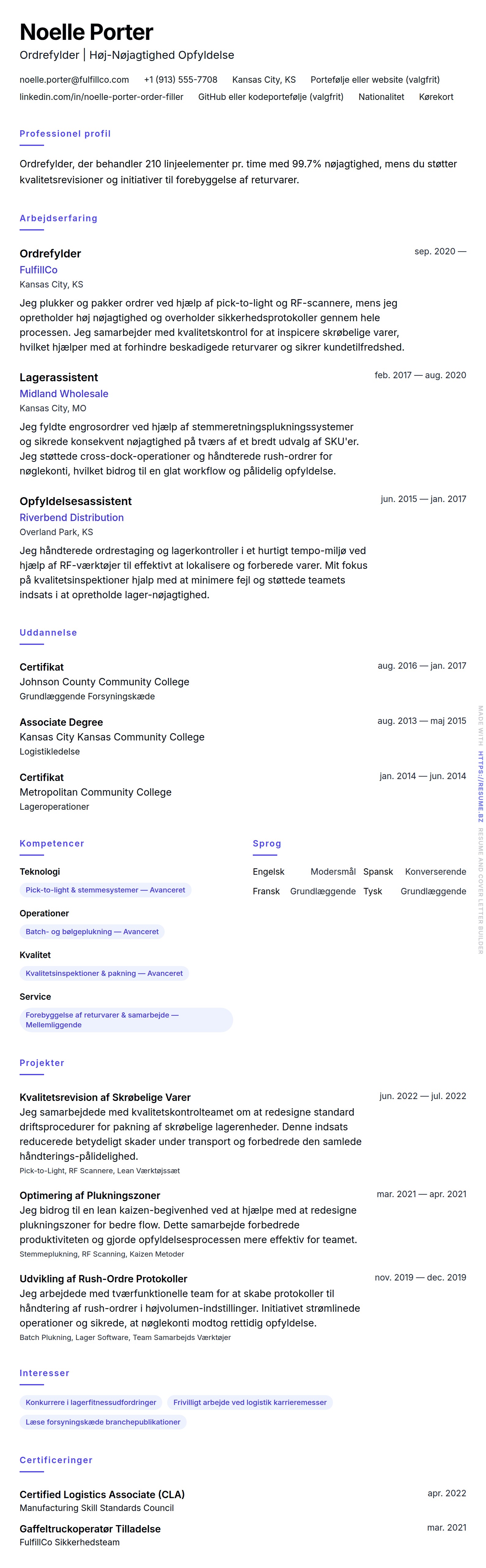 CV-forhåndsvisning for Ordrefylder CV Eksempel