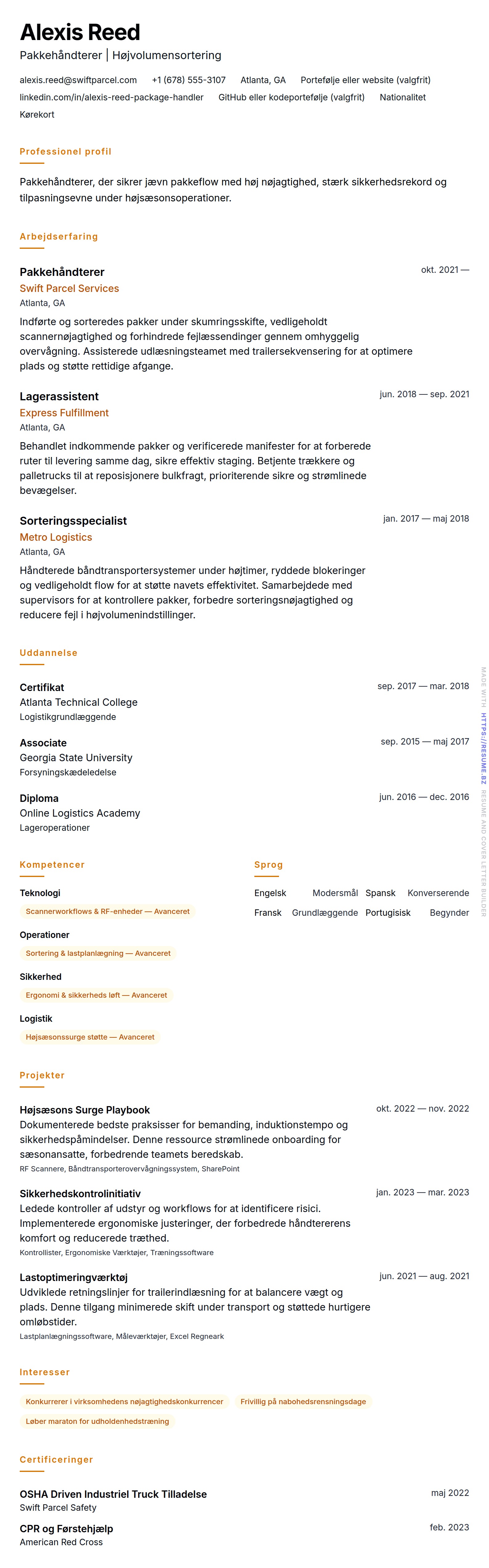 CV-forhåndsvisning for Pakkehåndterer CV Eksempel
