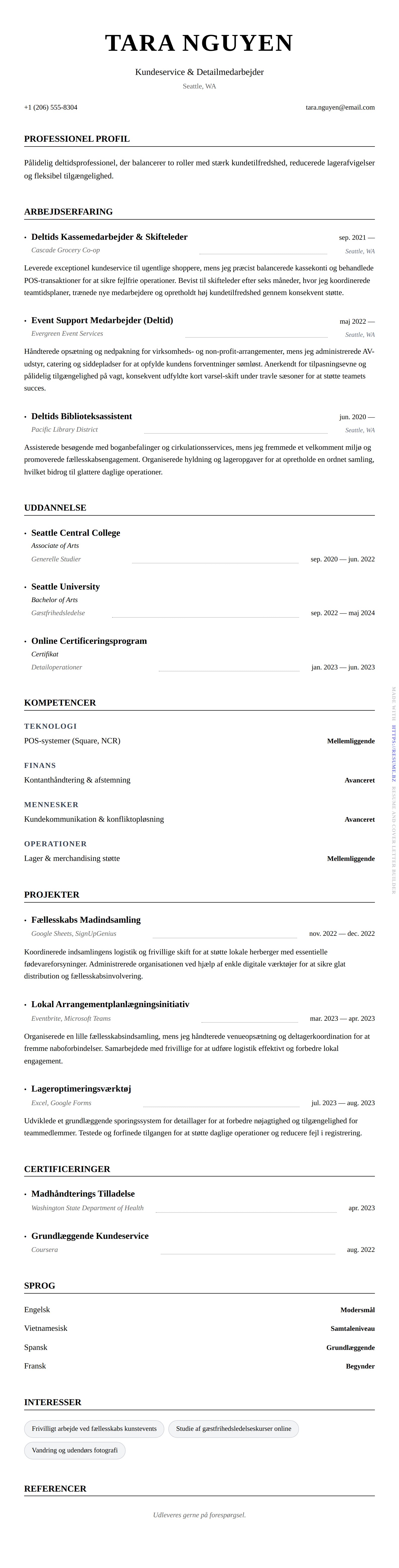 CV-forhåndsvisning for Eksempel på CV for Deltidsjob