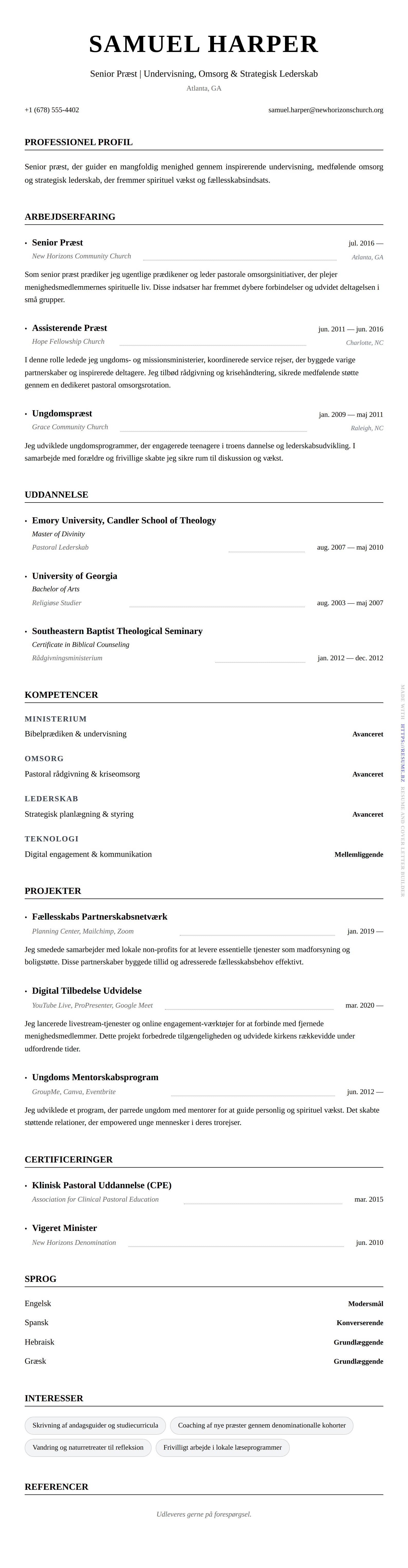 CV-forhåndsvisning for Præst CV Eksempel