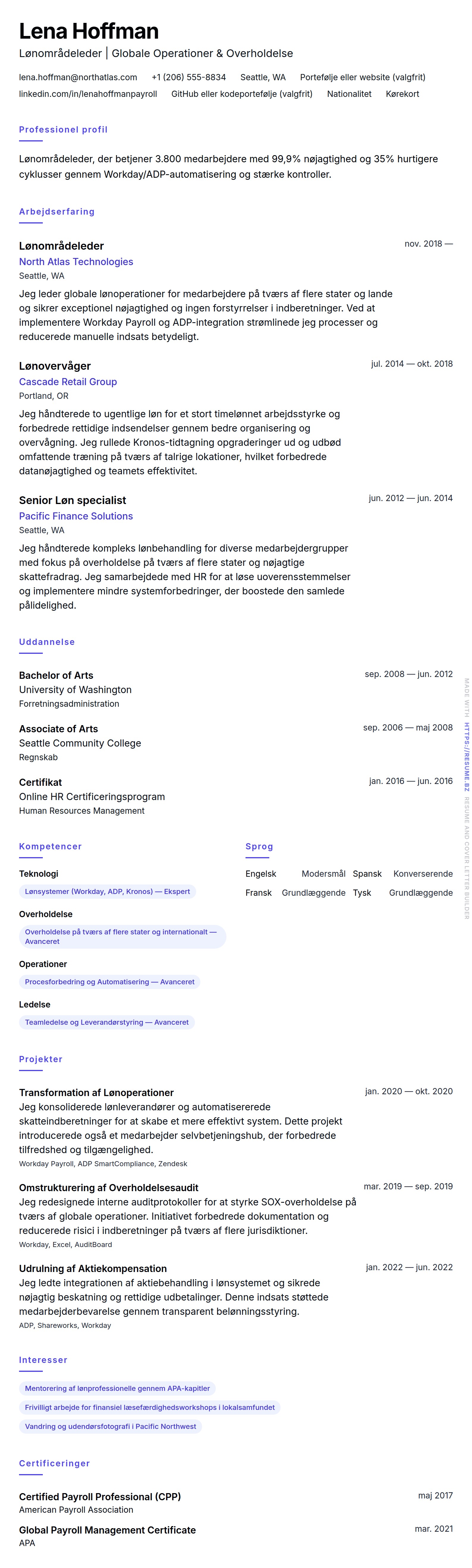 CV-forhåndsvisning for Eksempel på CV for Lønområdeleder