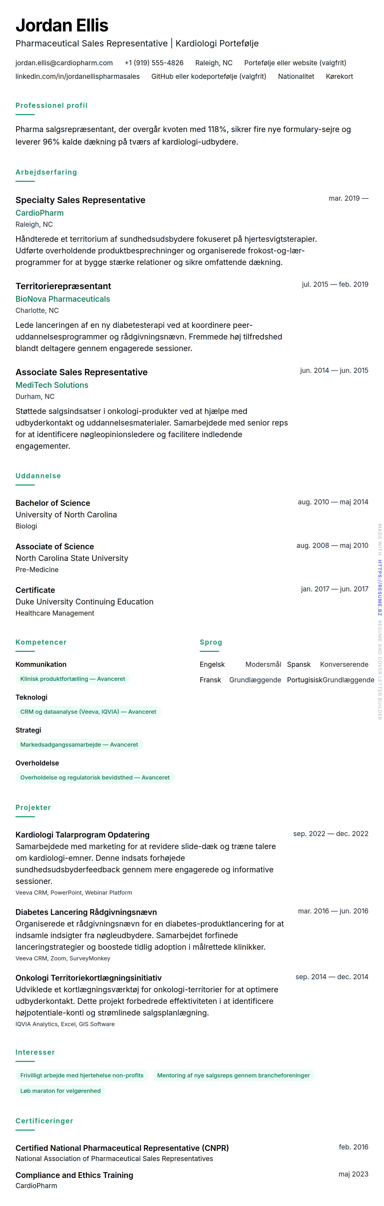 CV-forhåndsvisning for Pharmaceutical Sales Representative CV Eksempel