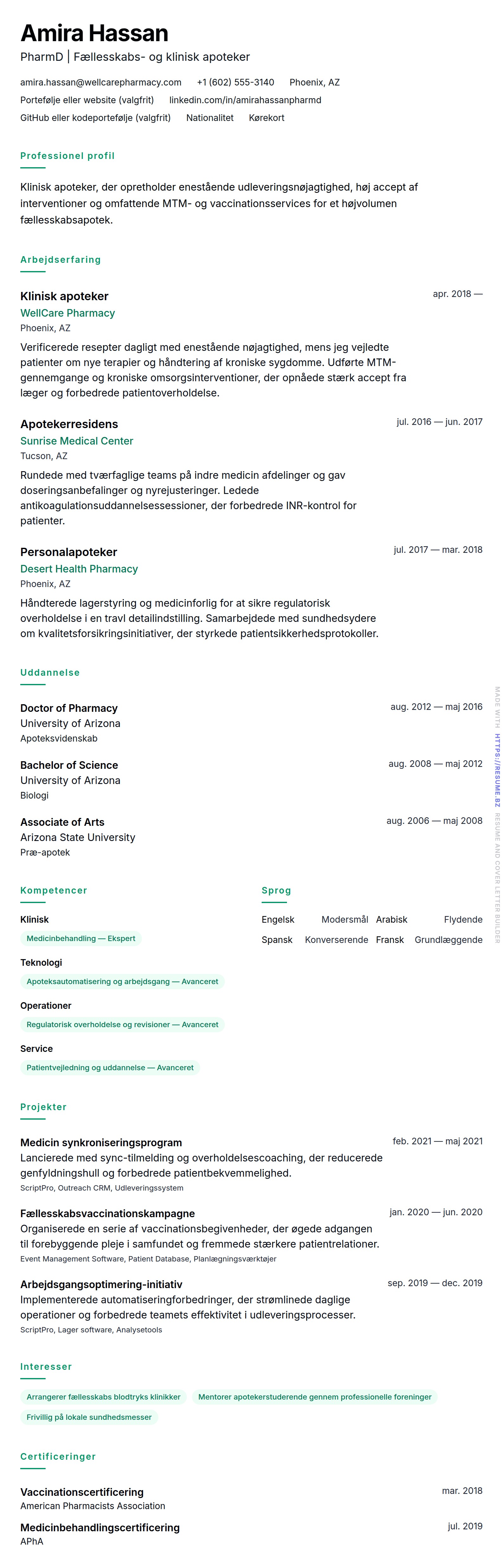 CV-forhåndsvisning for Apoteker CV-eksempel