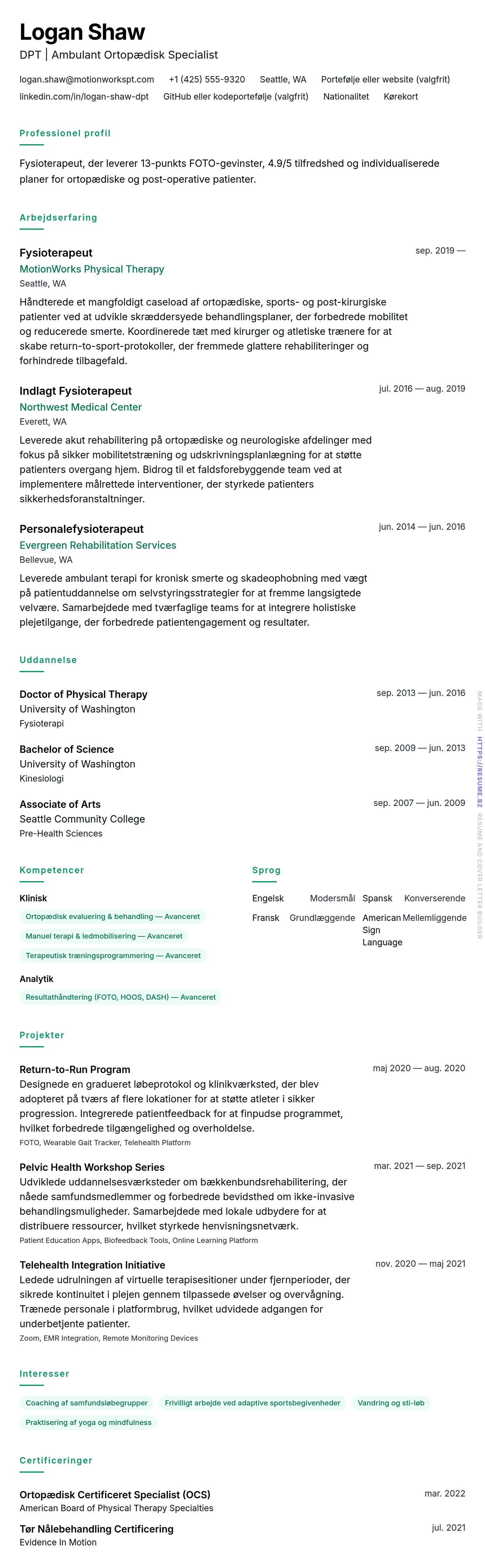 CV-forhåndsvisning for Fysioterapeut CV Eksempel