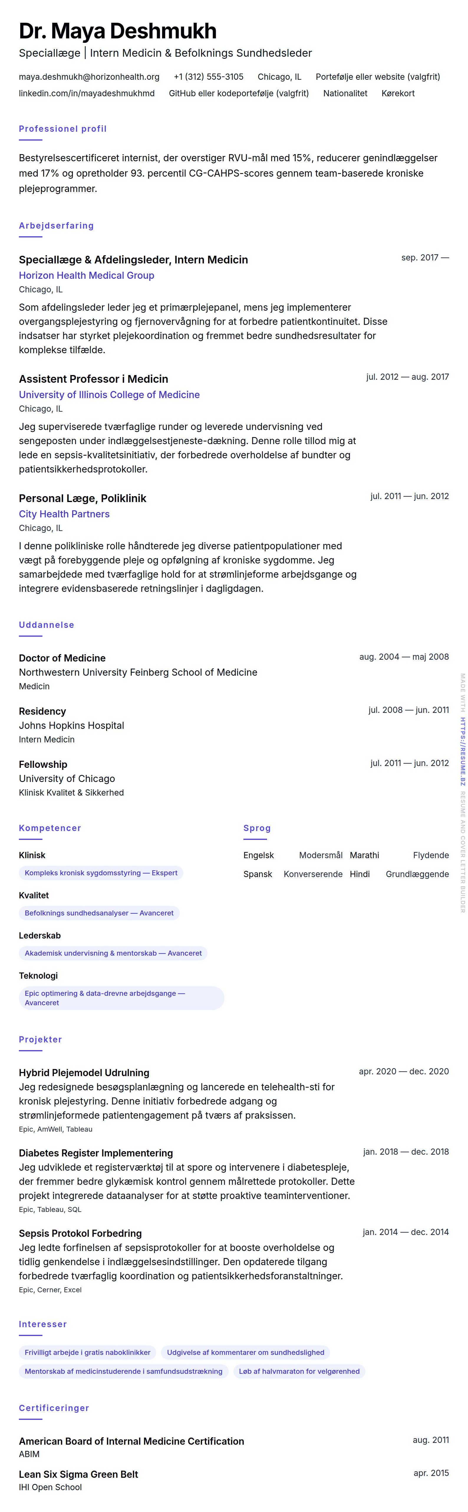 CV-forhåndsvisning for Læge CV Eksempel