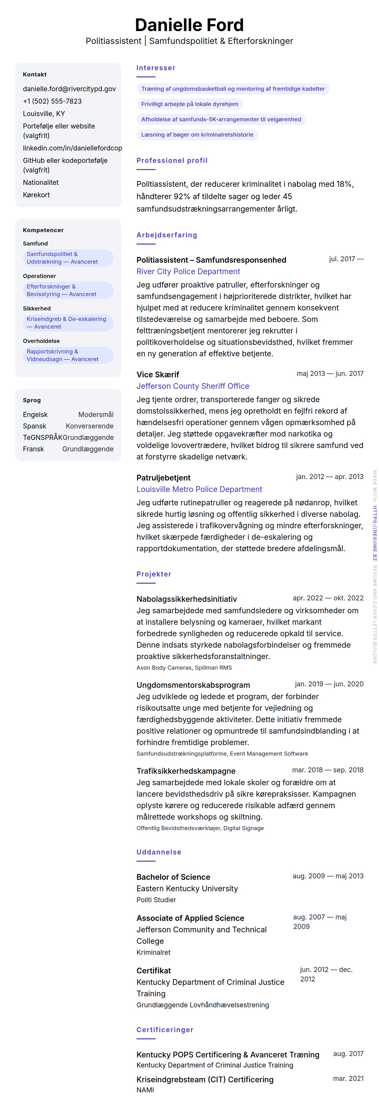 CV-forhåndsvisning for Politiassistent CV Eksempel