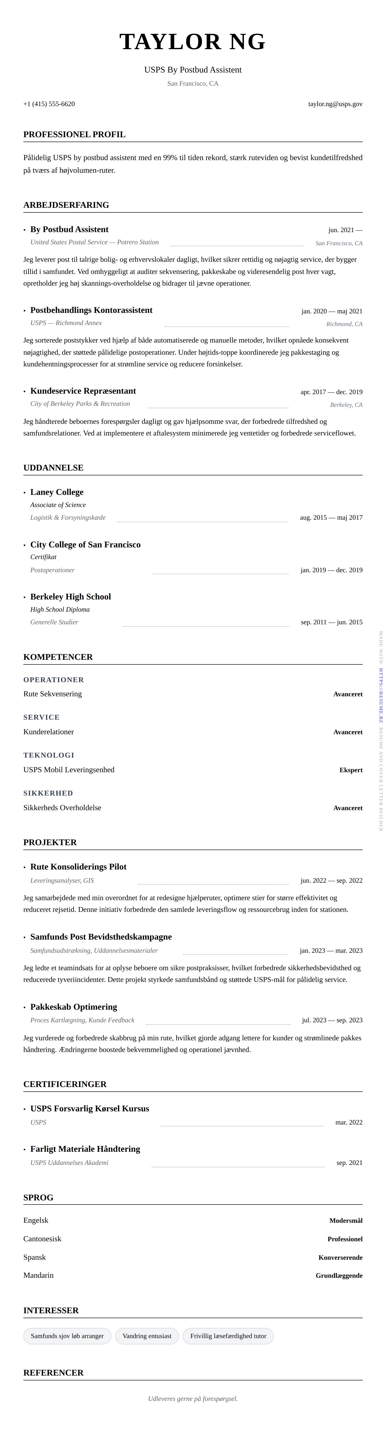 Postarbejder CV-eksempel