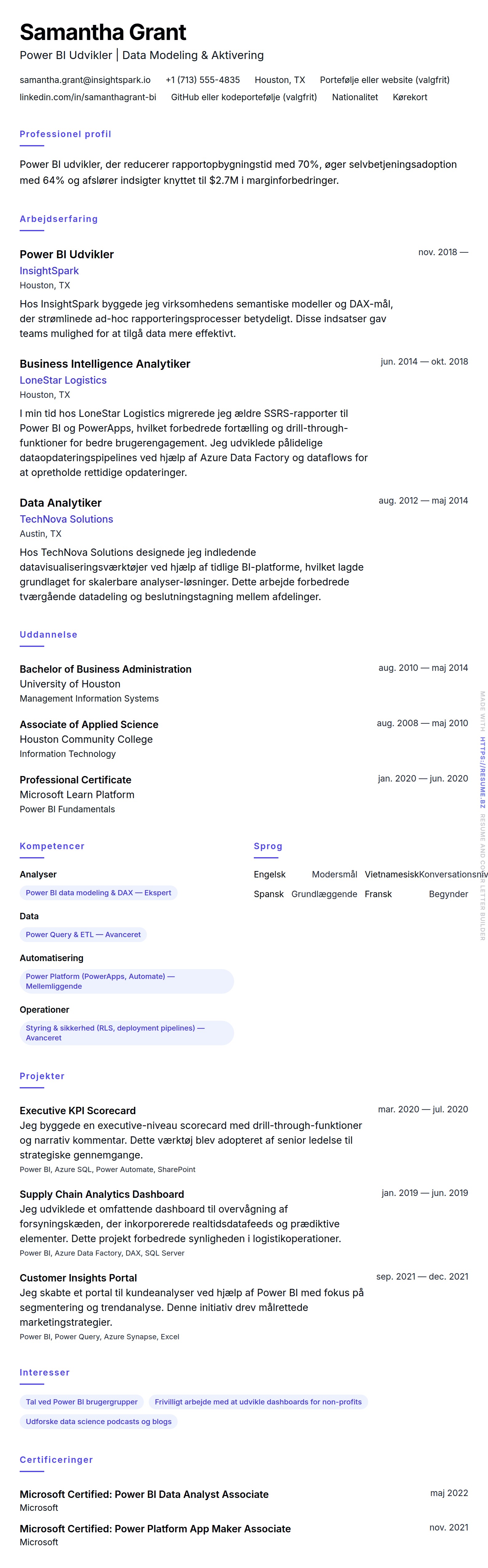 CV-forhåndsvisning for Power BI Udvikler CV Eksempel