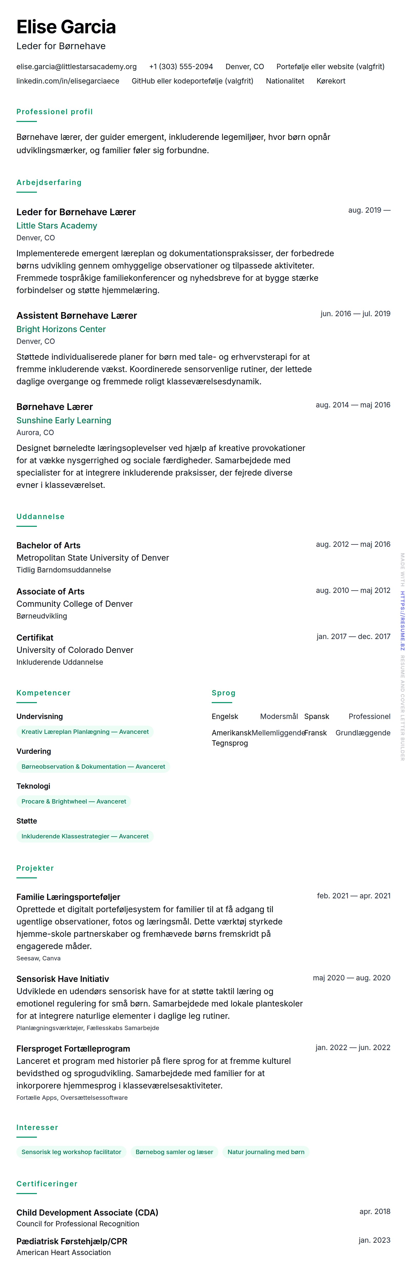 CV-forhåndsvisning for Børnehave lærer CV-eksempel