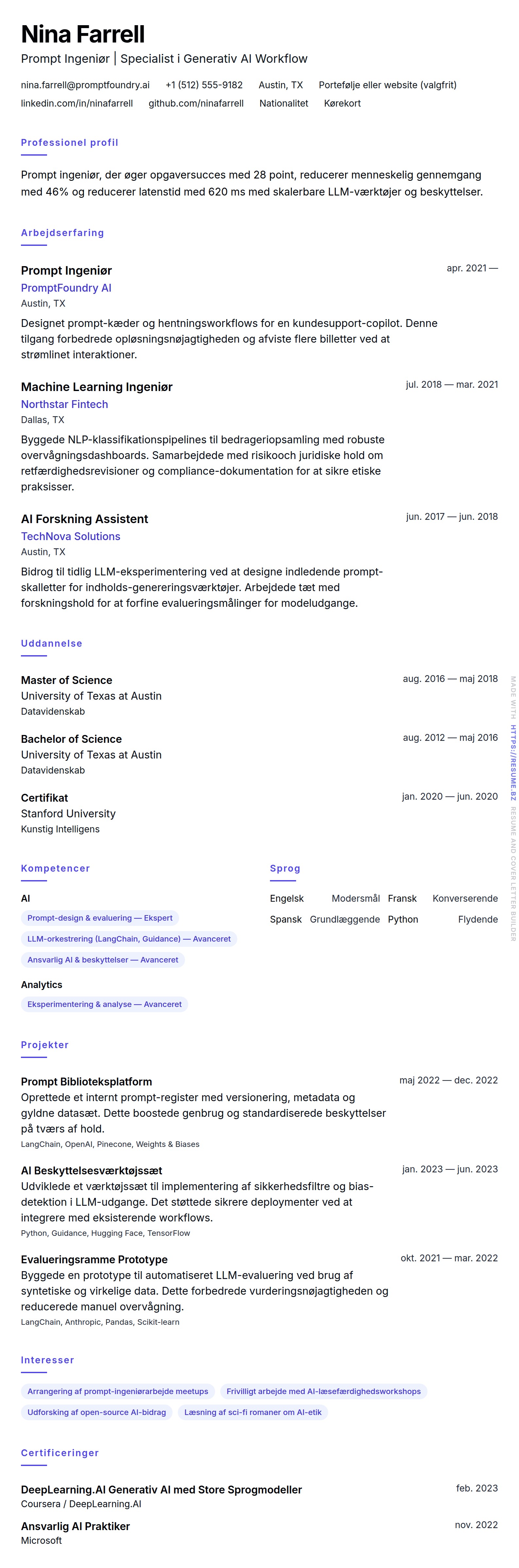 CV-forhåndsvisning for Prompt Ingeniør CV Eksempel