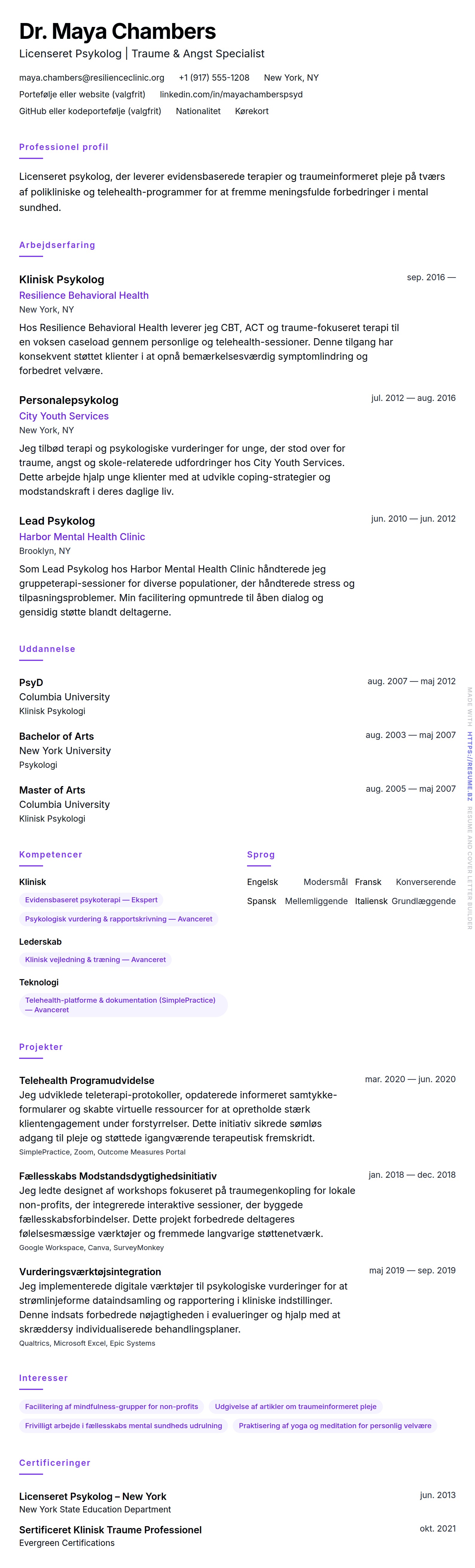 CV-forhåndsvisning for Psykolog CV Eksempel