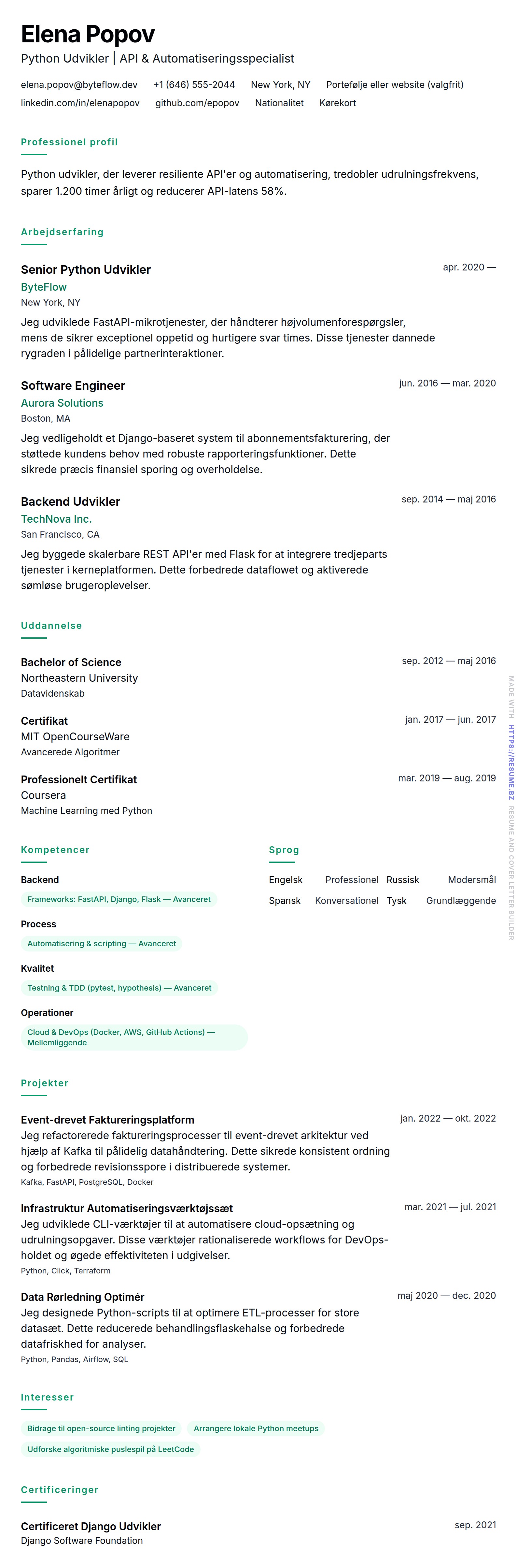 CV-forhåndsvisning for Python Udvikler CV Eksempel