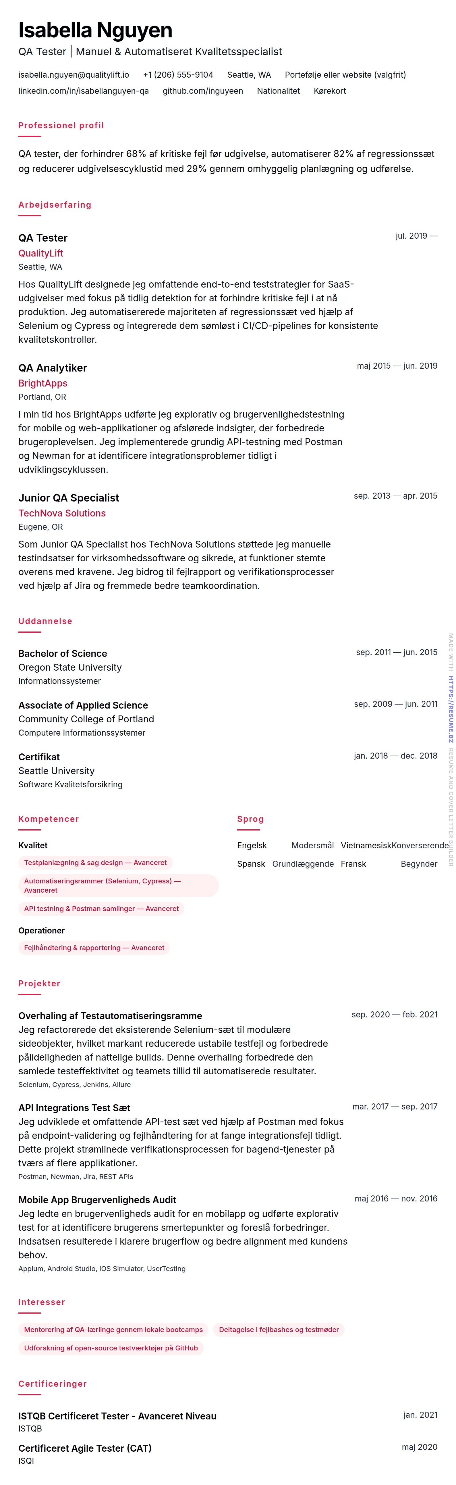 CV-forhåndsvisning for QA Tester CV Eksempel