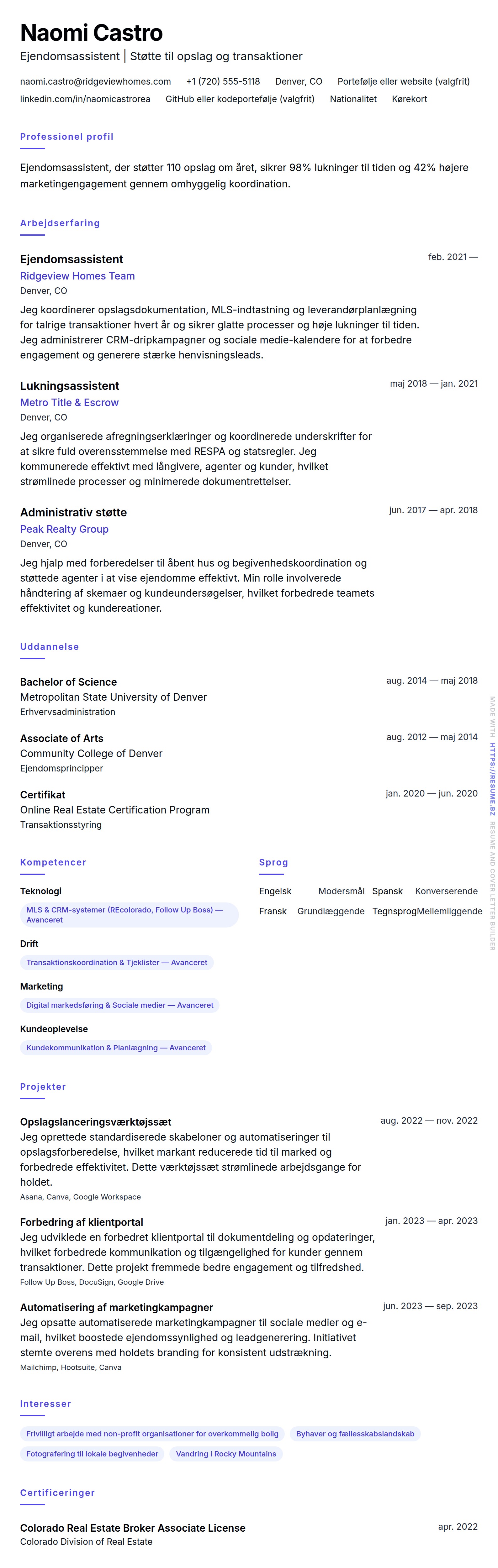 Ejendomsassistent CV Eksempel