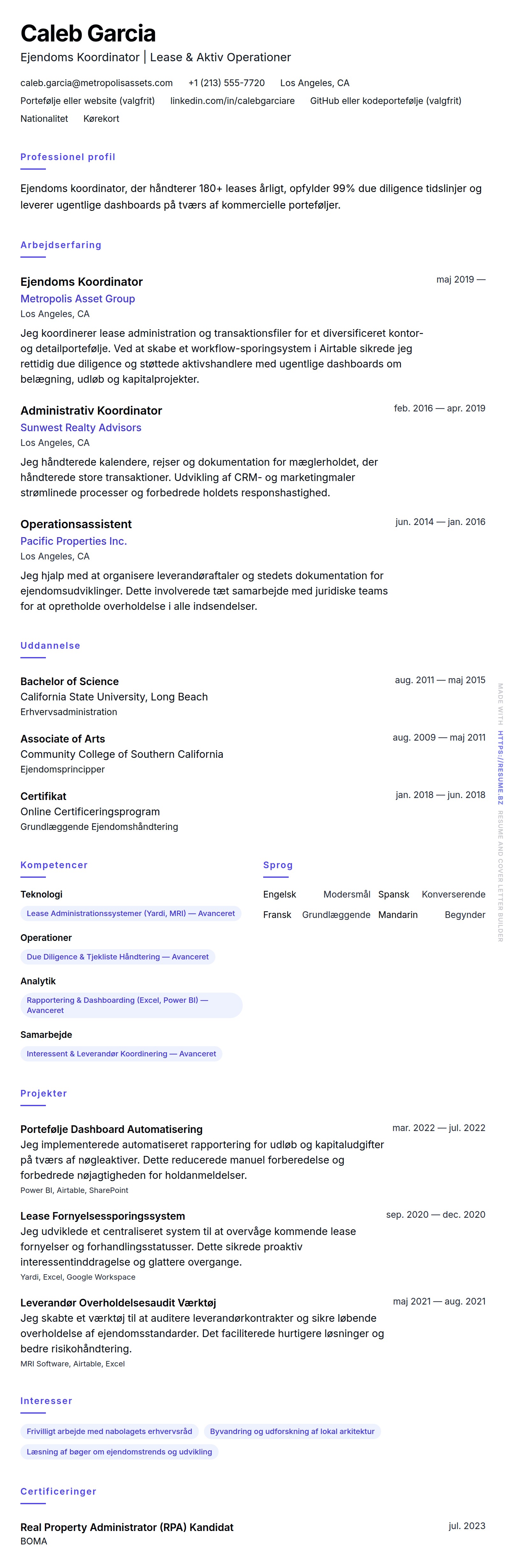 Ejendoms Koordinator CV Eksempel