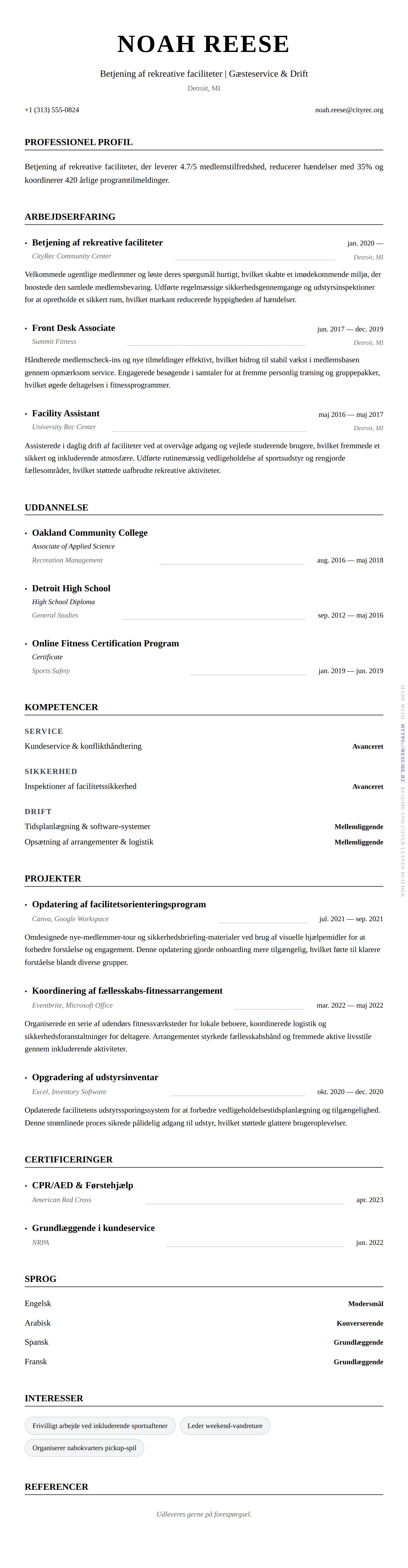 CV-forhåndsvisning for Eksempel på CV for Betjening af rekreative faciliteter
