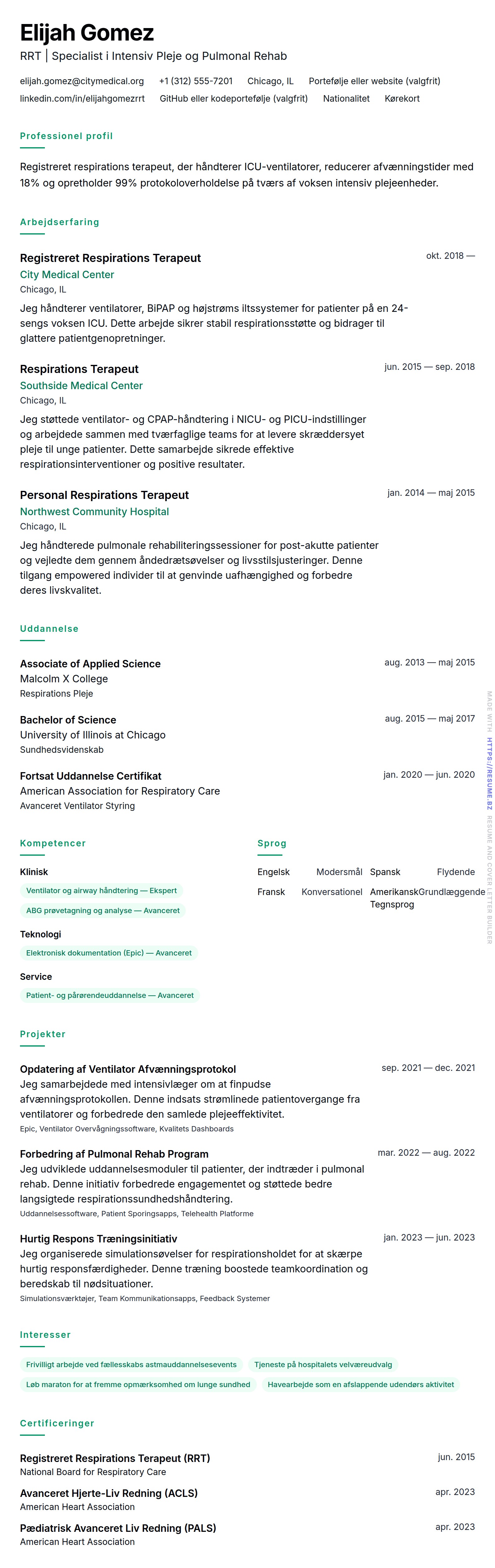 CV-forhåndsvisning for Respirations Terapeut CV Eksempel