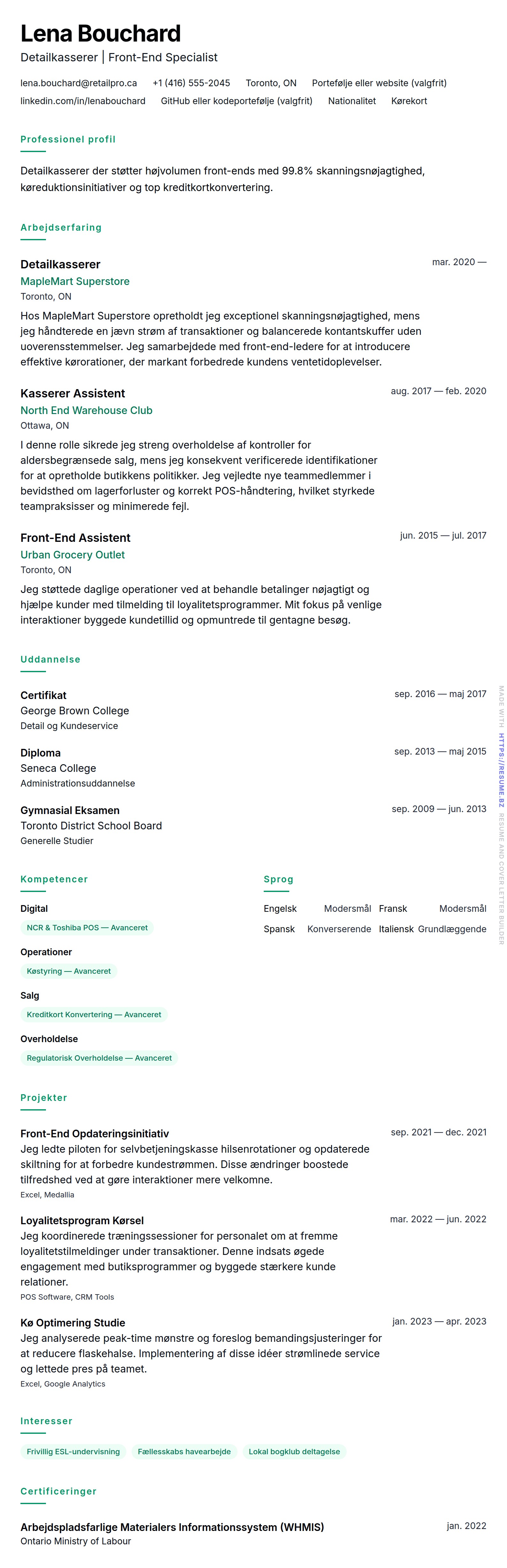 CV-forhåndsvisning for Detailkasserer CV Eksempel