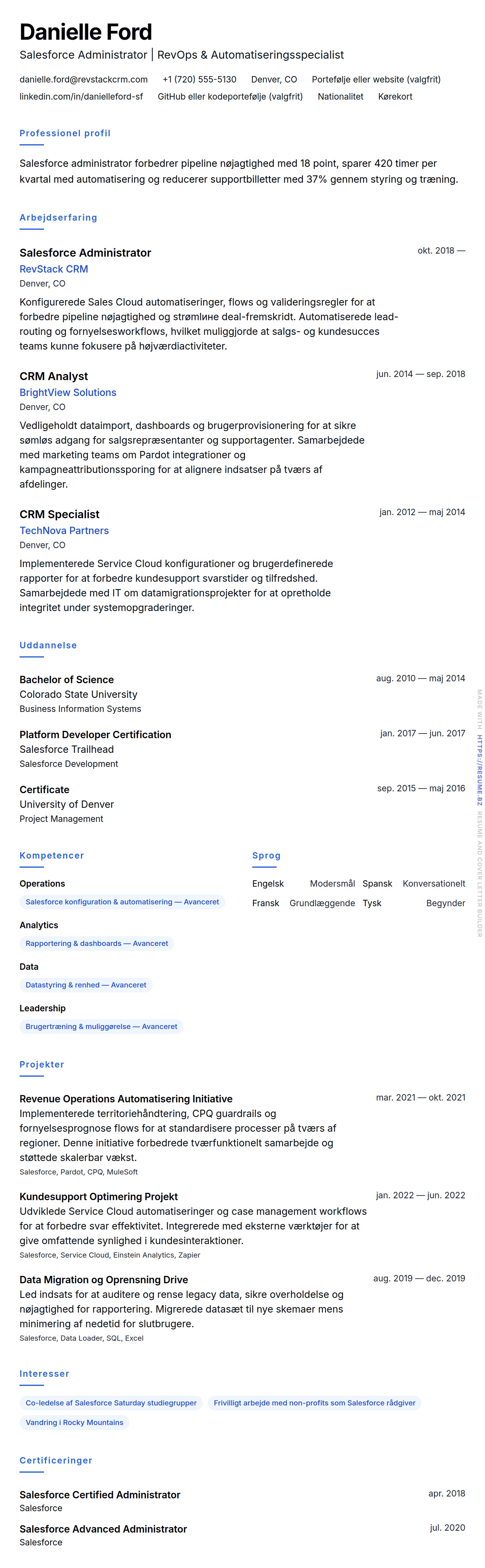 CV-forhåndsvisning for Salesforce Administrator CV Eksempel