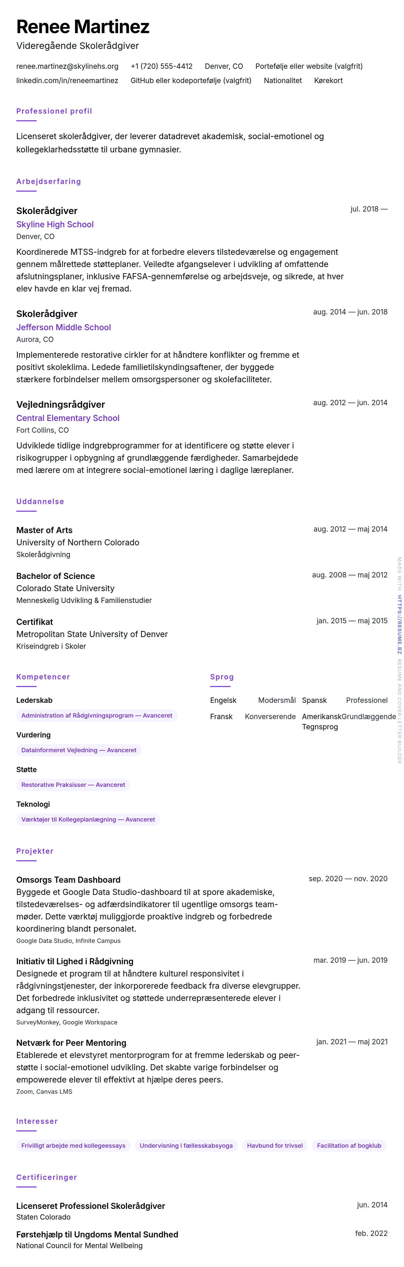 CV-forhåndsvisning for Eksempel på CV for Skolerådgiver