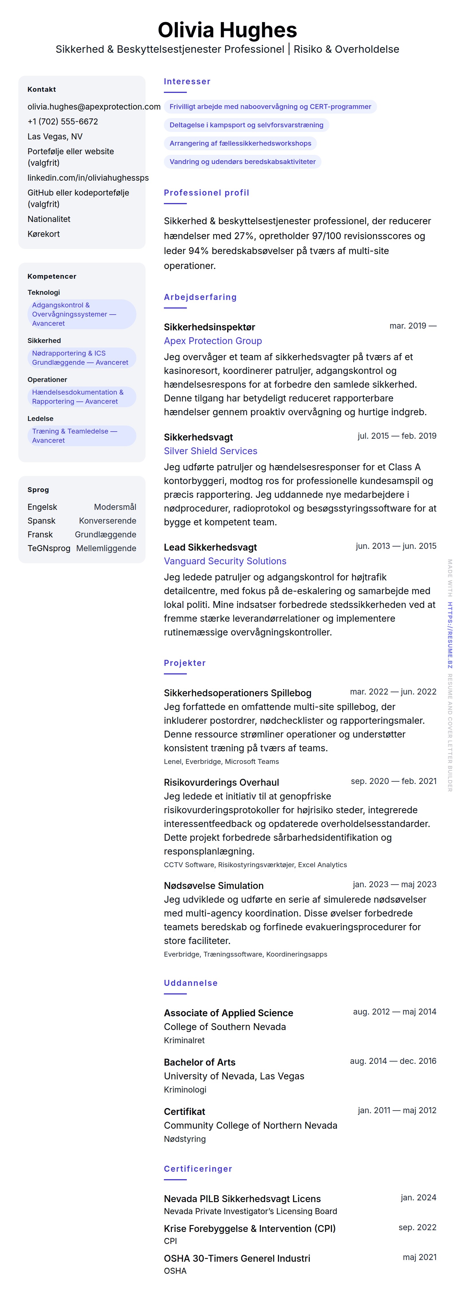 Sikkerhed & Beskyttelsestjenester Professionel CV Eksempel