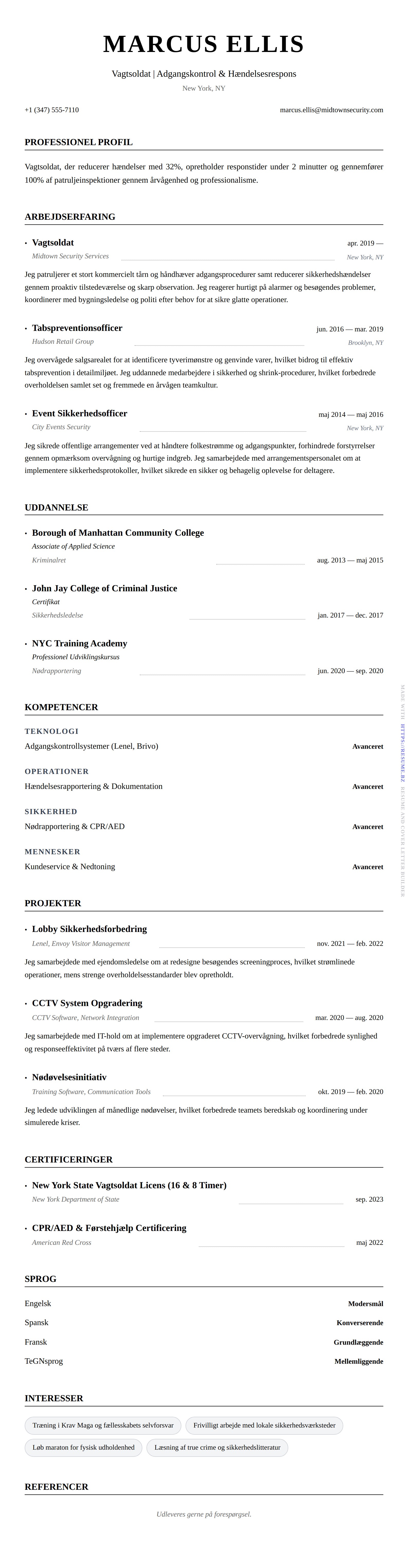 CV-forhåndsvisning for Vagtsoldat CV Eksempel