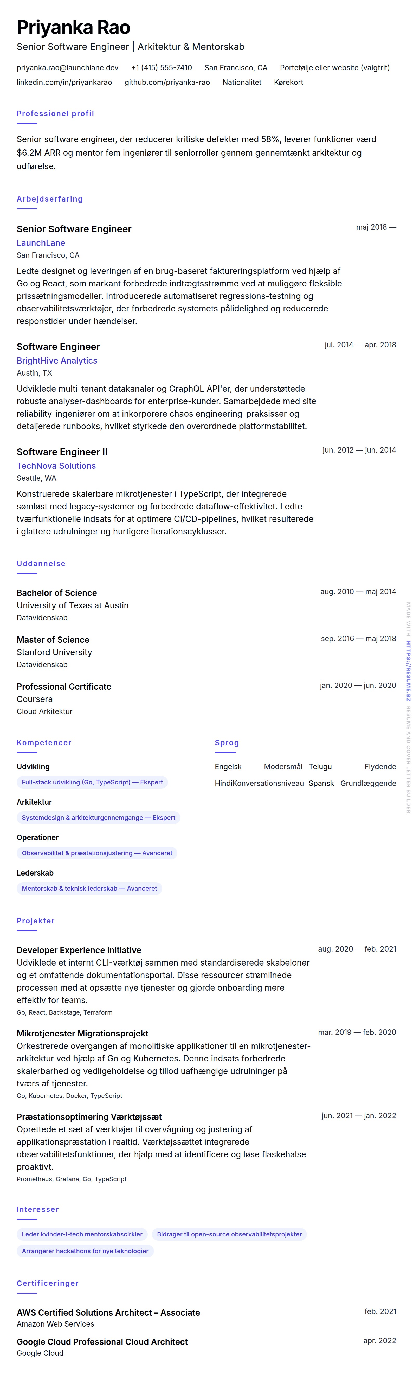 CV-forhåndsvisning for Senior Software Engineer CV Eksempel