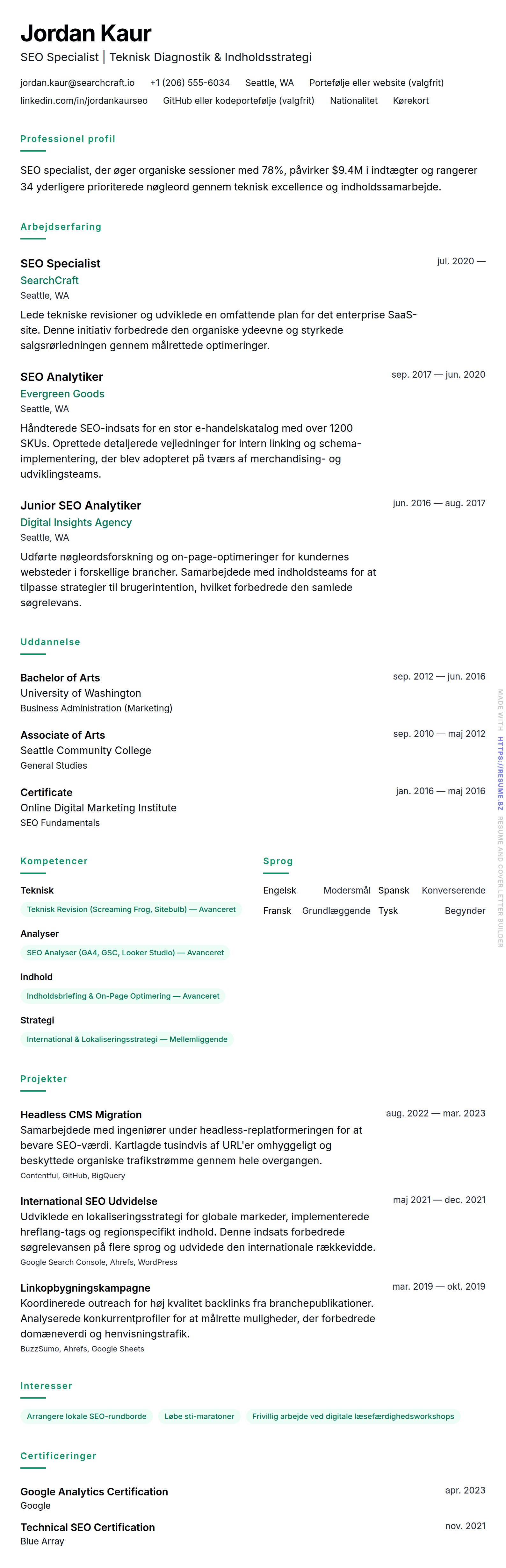 CV-forhåndsvisning for SEO Specialist CV Eksempel