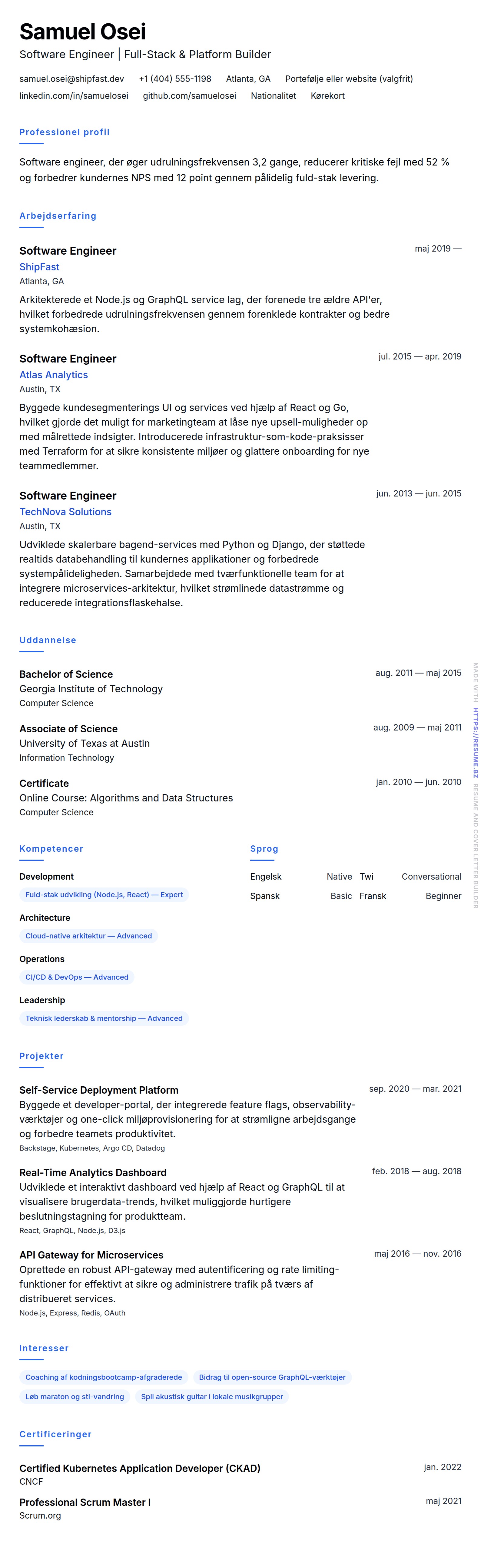 CV-forhåndsvisning for Software Engineer CV Eksempel