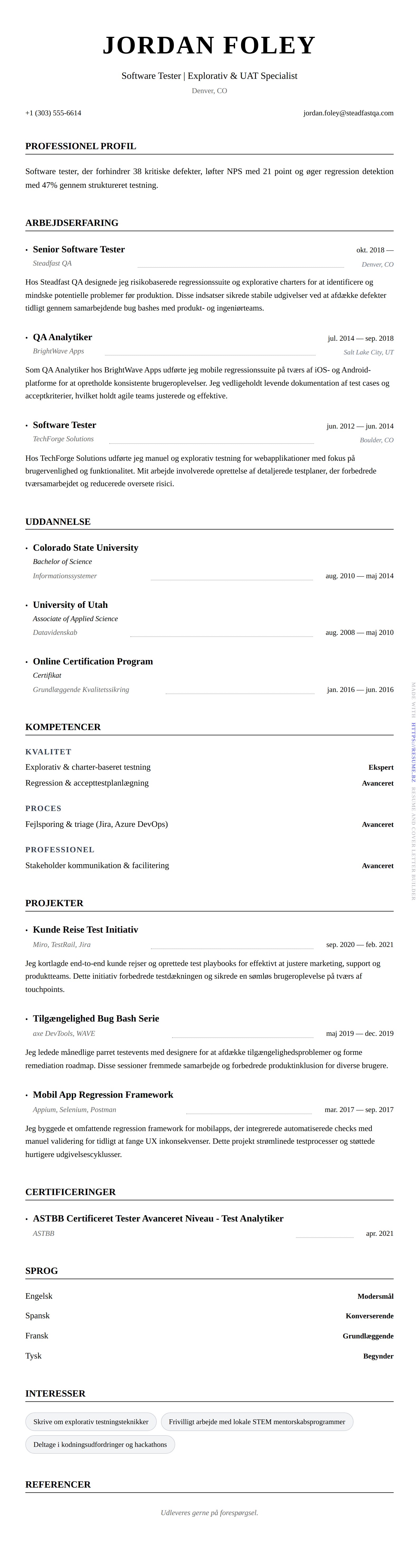 CV-forhåndsvisning for Software Tester CV Eksempel