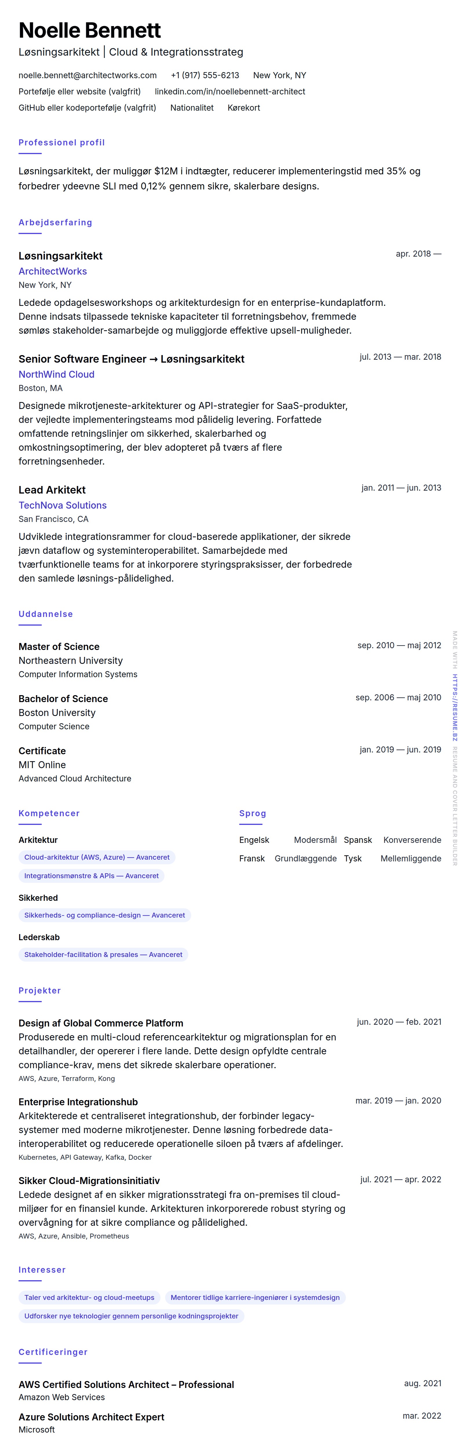 CV-forhåndsvisning for Eksempel på CV for Løsningsarkitekt