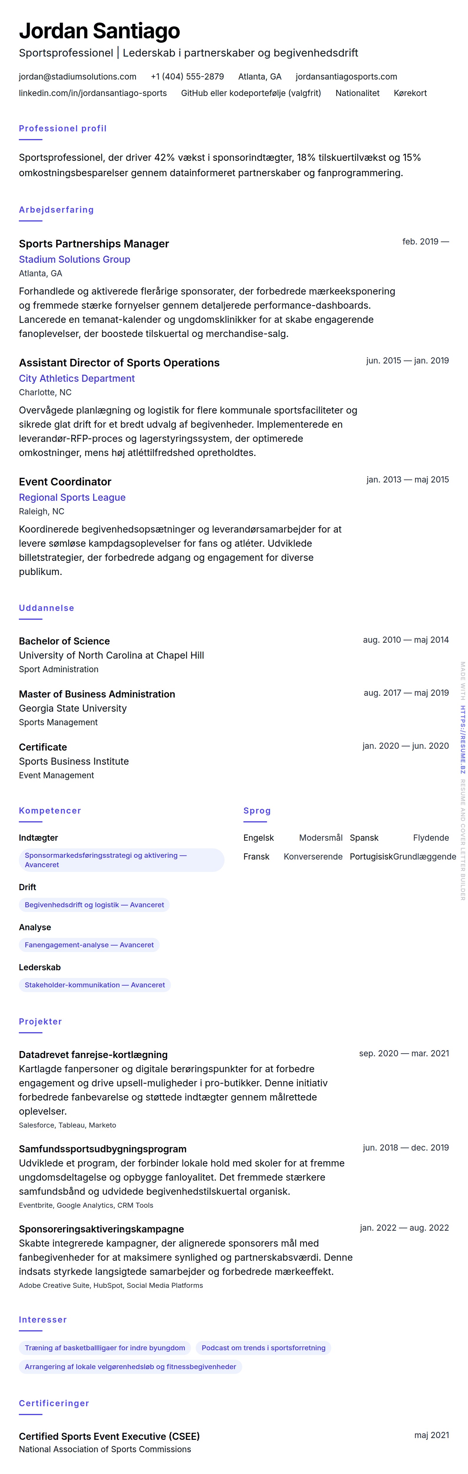 CV-forhåndsvisning for Sportsprofessionel CV-eksempel