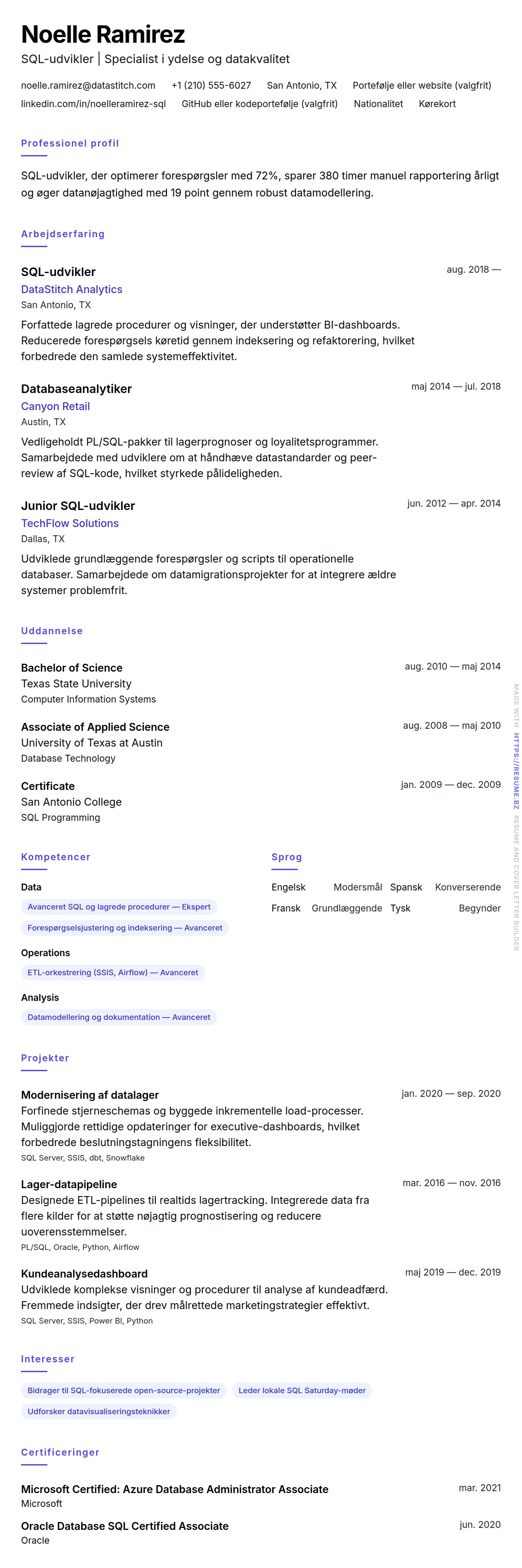 CV-forhåndsvisning for SQL-udvikler CV-eksempel